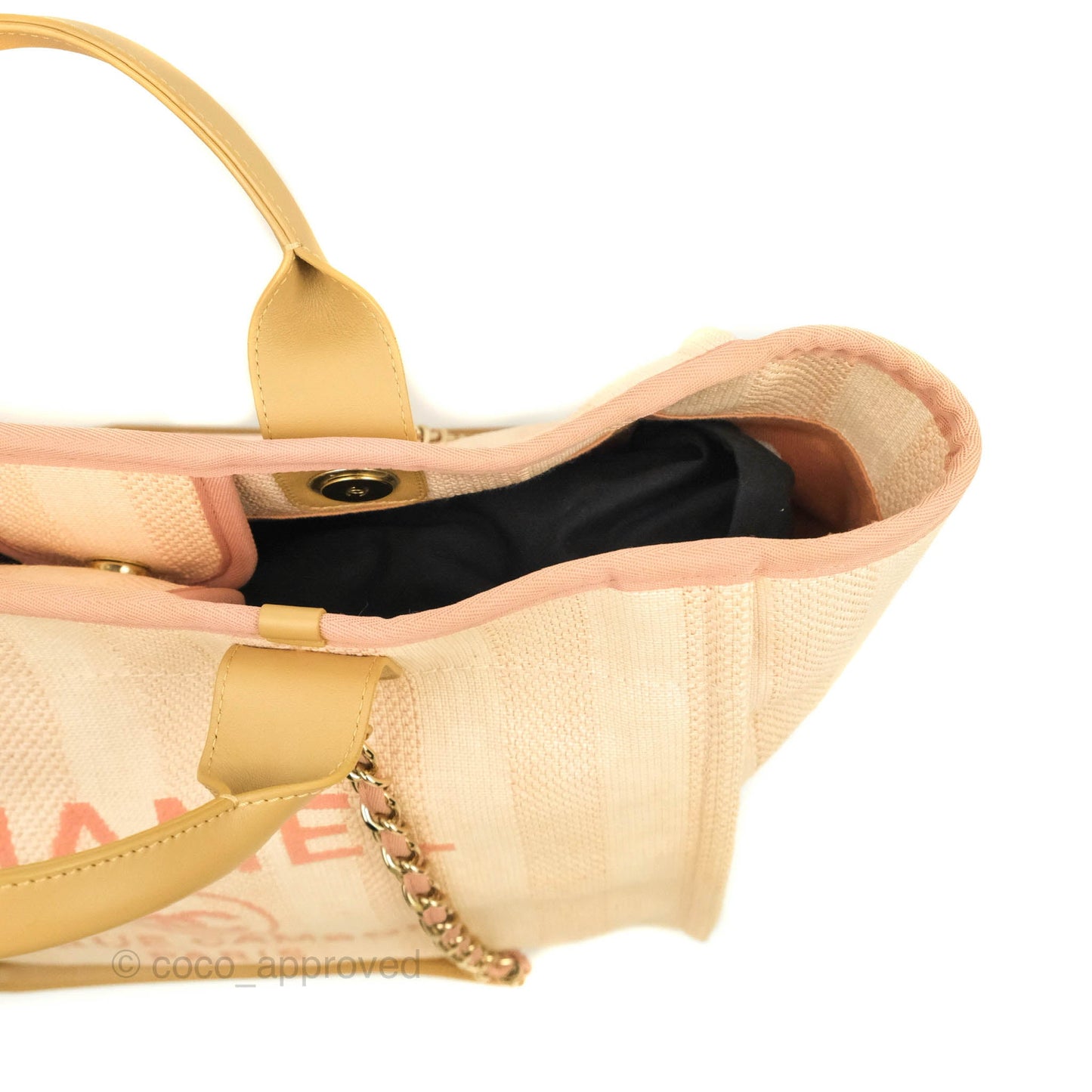 Chanel Large Deauville Pink Stripe Canvas Beige Handle Gold Hardware