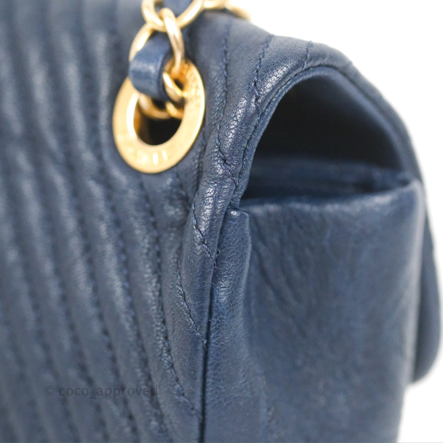 Chanel Small Chevron Surpique Flap Navy Calfskin Aged Gold Hardware