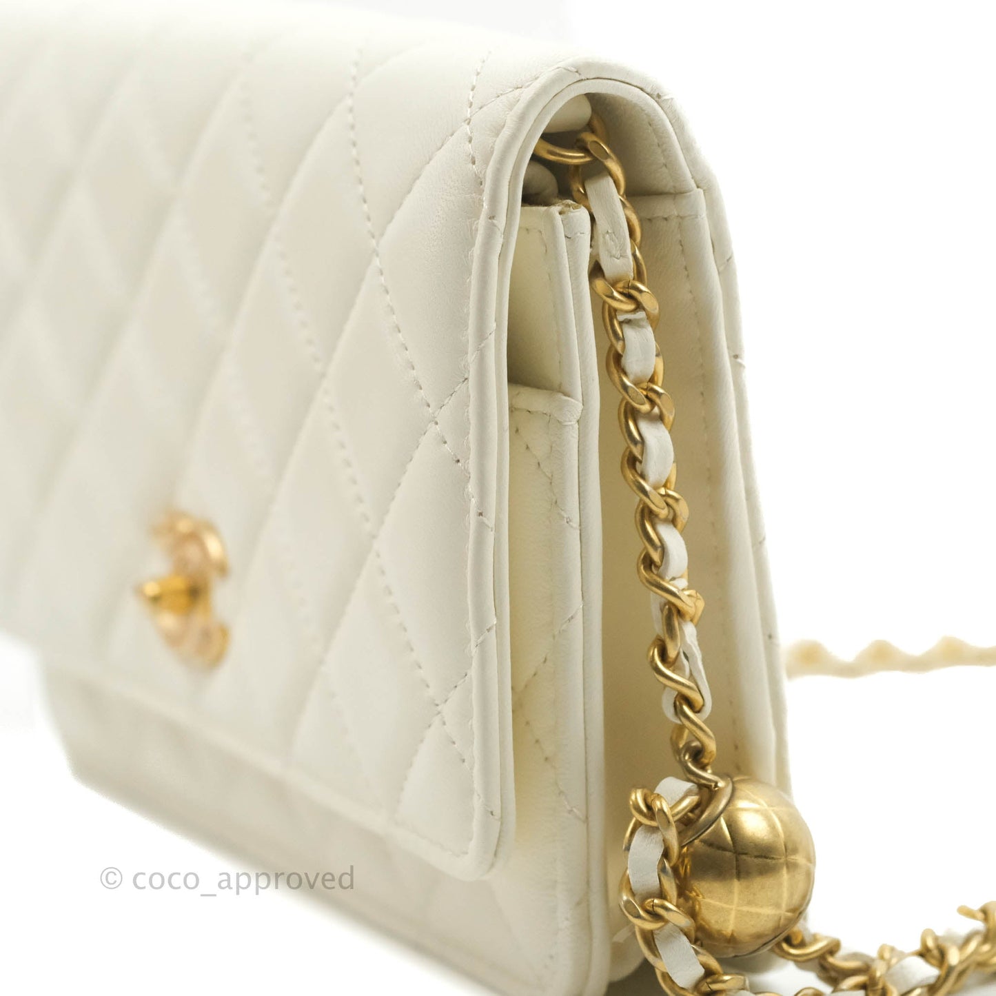 Chanel Quilted Pearl Crush Wallet on Chain WOC White Lambskin Aged Gold Hardware