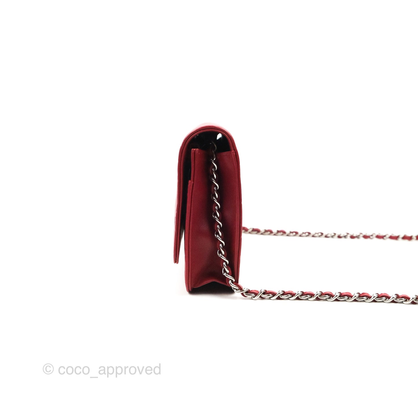 Chanel Camellia Embossed Wallet On Chain WOC Red Lambskin Silver Hardware