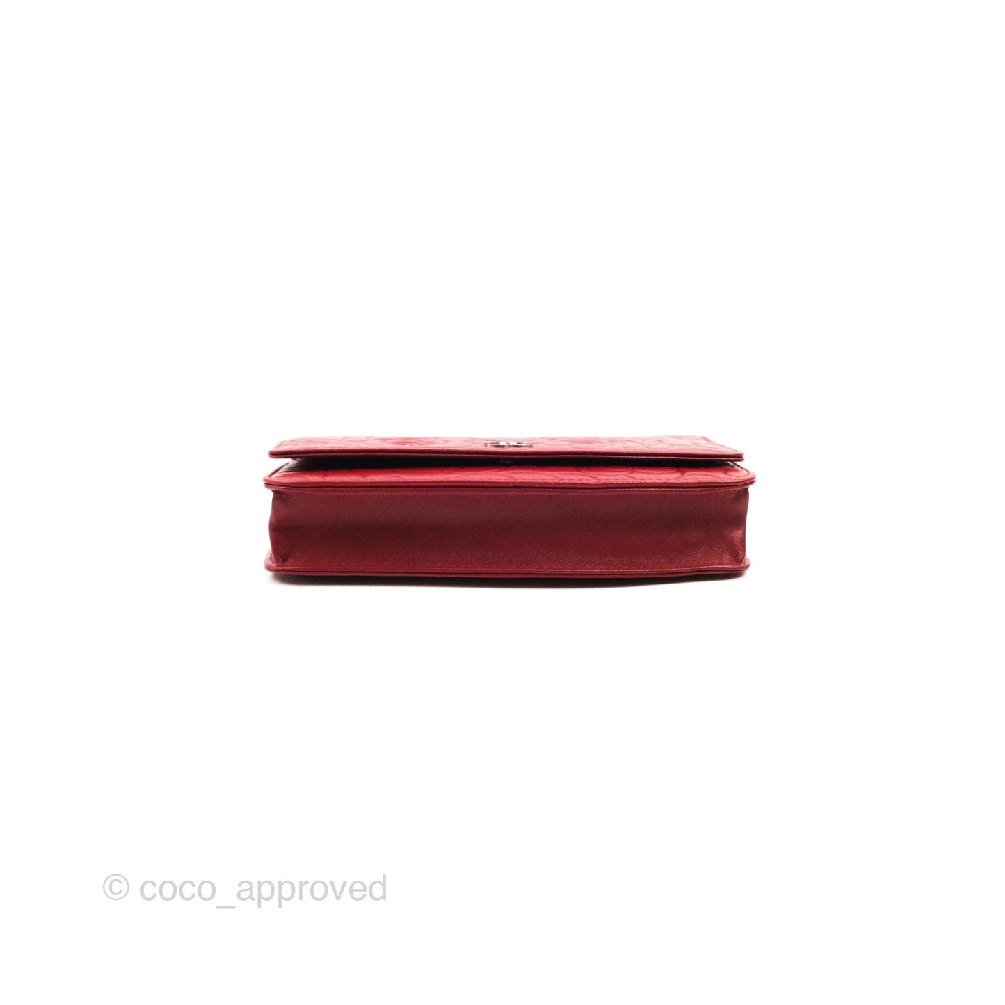 Chanel Camellia Embossed Wallet On Chain WOC Red Lambskin Silver Hardware