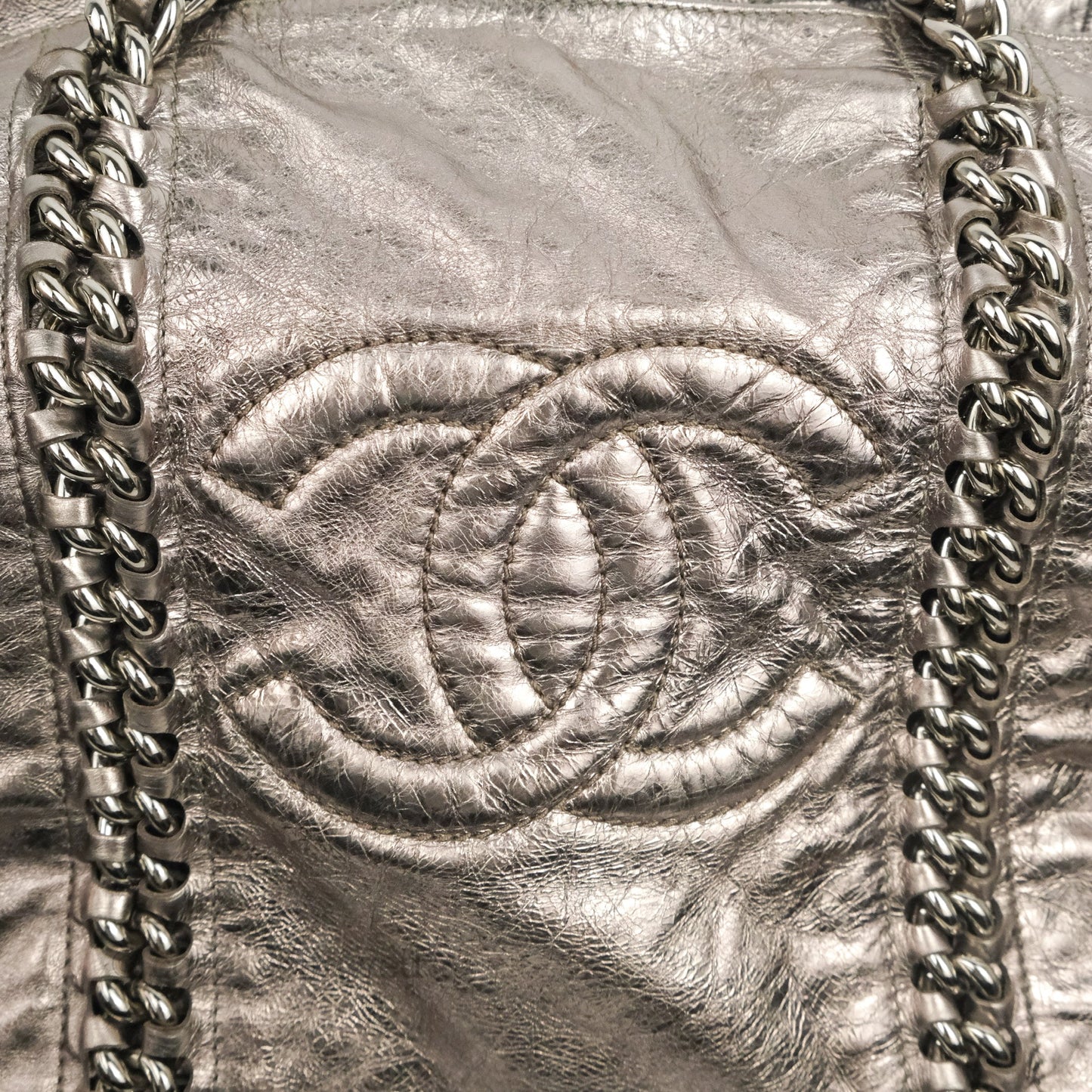 Chanel Metallic Cracked Calfskin Modern Chain Tote Silver