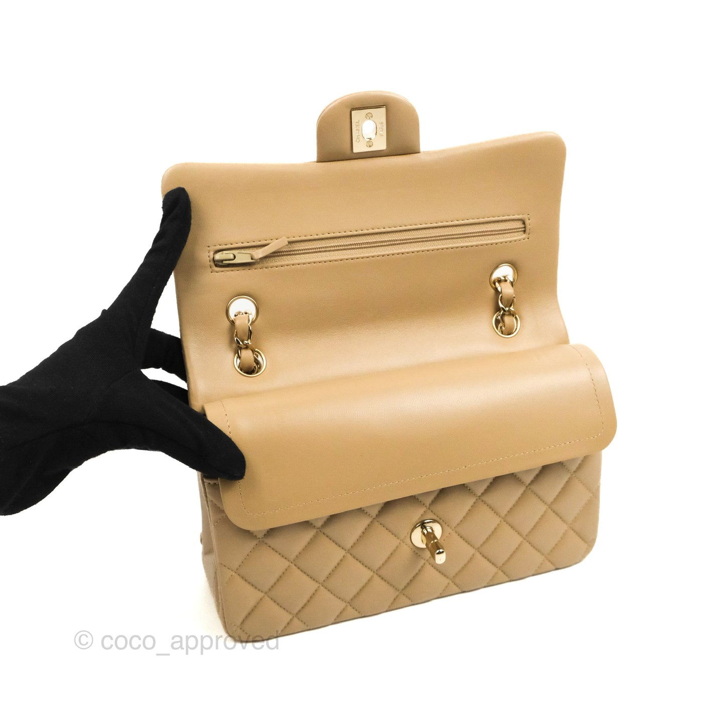 Chanel Small Classic Quilted Flap Dark Beige Lambskin Gold Hardware