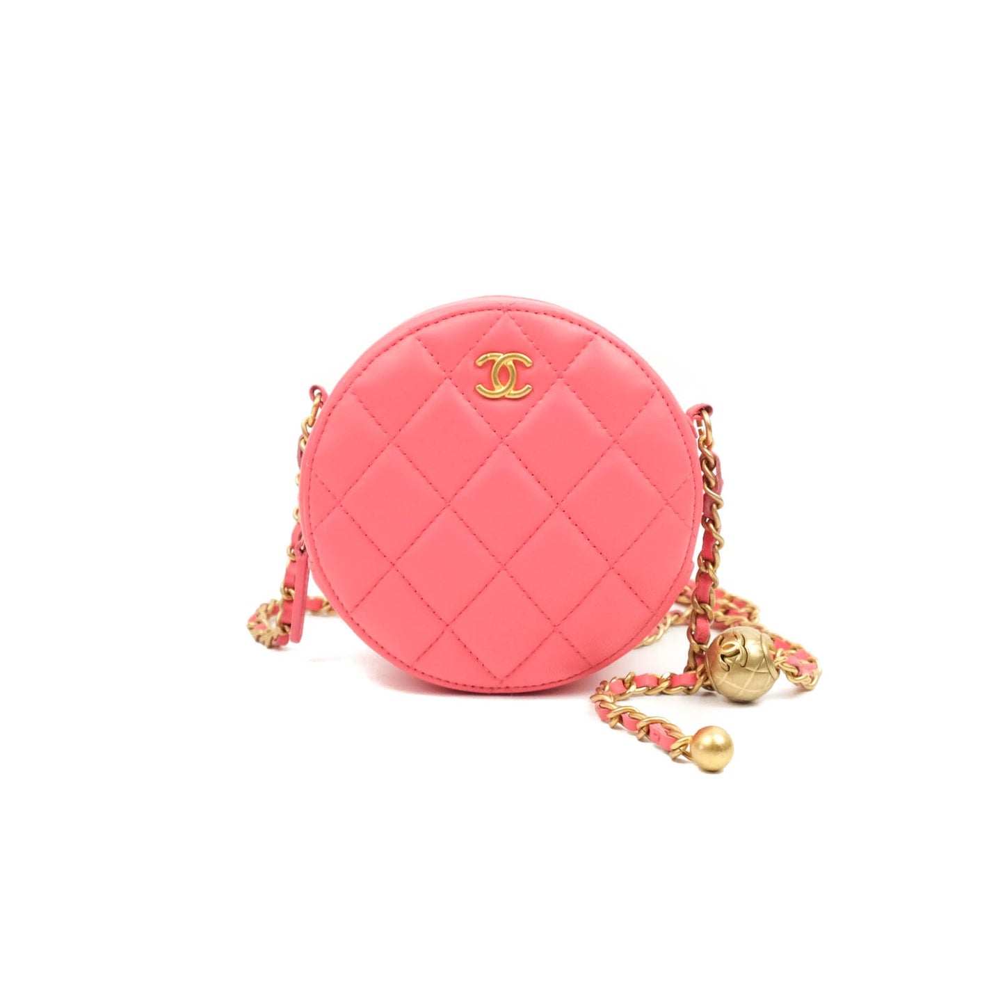 Chanel Quilted Round Pearl Crush Clutch With Chain Pink Lambskin Aged Gold Hardware