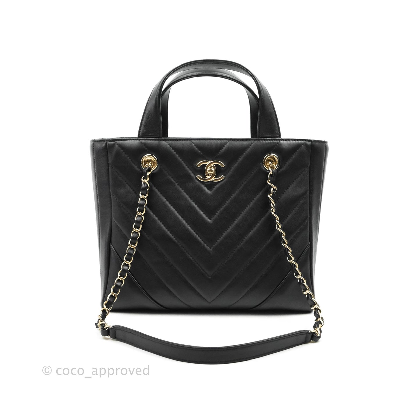Chanel Small Chevron Tote Bag Black Calfskin Gold Hardware