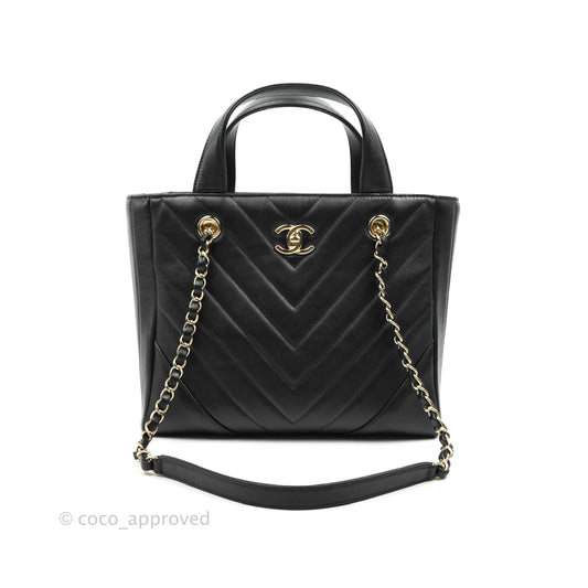 Chanel Small Chevron Tote Bag Black Calfskin Gold Hardware
