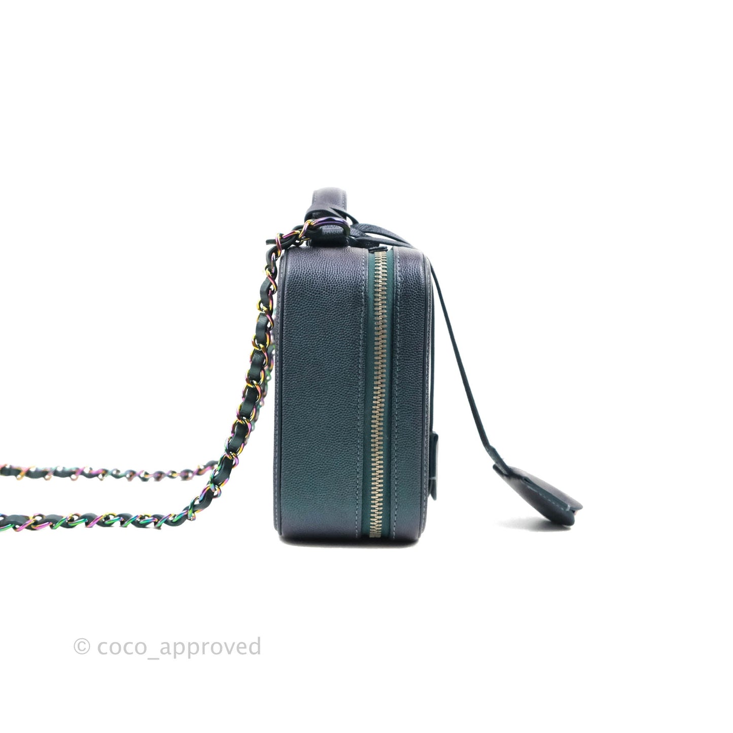 Chanel Quilted Medium CC Filigree Vanity Case Iridescent Dark Turquoise Caviar Rainbow Hardware