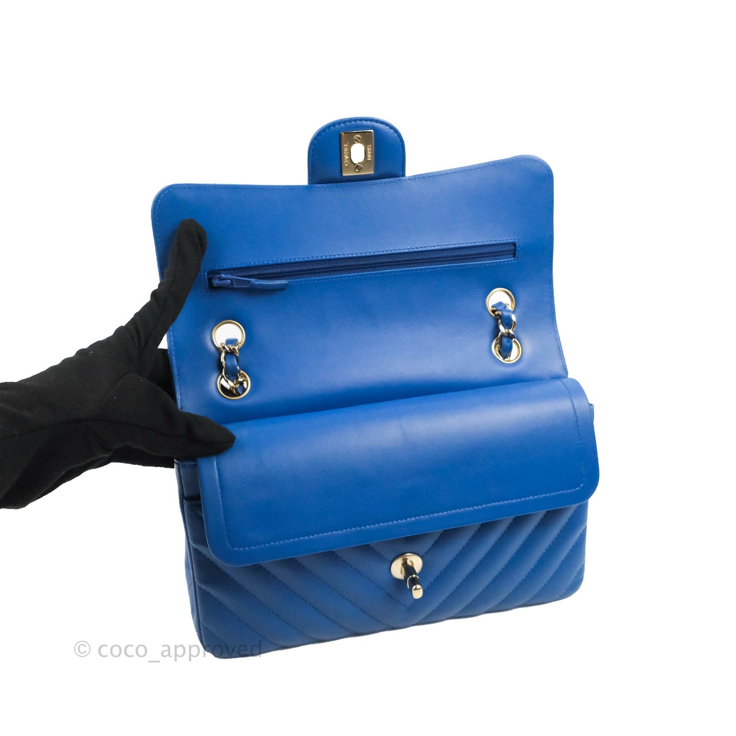 Chanel Classic Chevron S/M Small Double Flap Blue Lambskin Gold Hardware