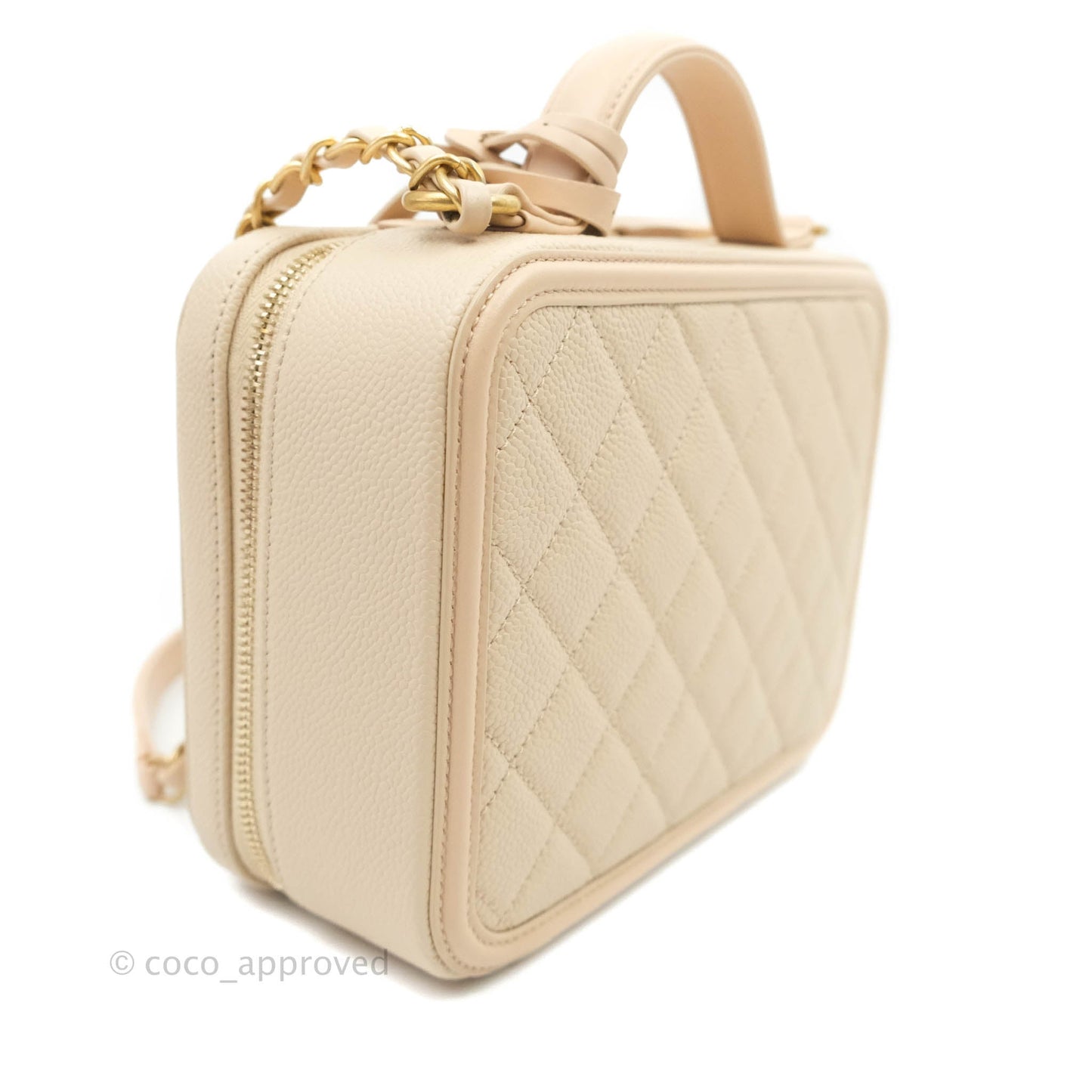 Chanel Quilted Medium CC Filigree Vanity Case Light Beige Caviar Aged Gold Hardware
