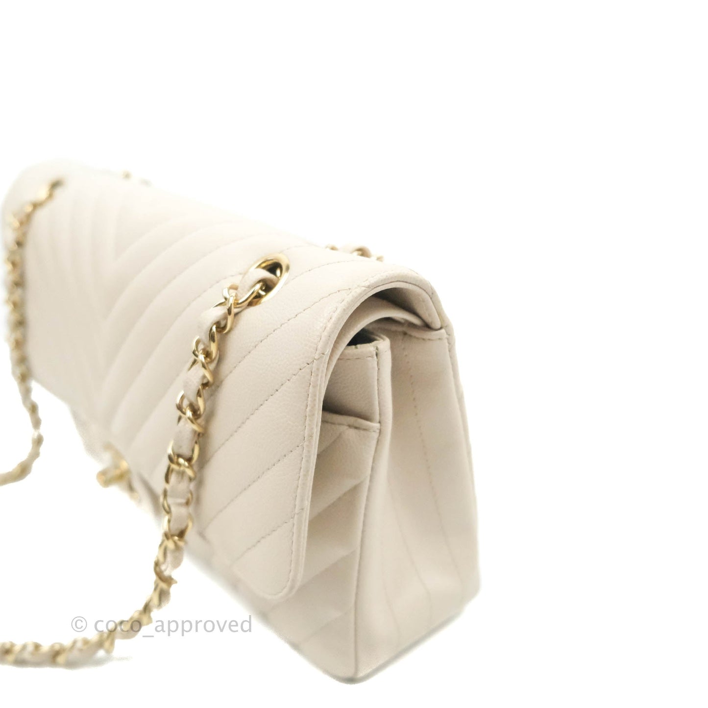 Chanel Classic M/L Medium Double Flap Chevron Ivory Caviar Gold Hardware
