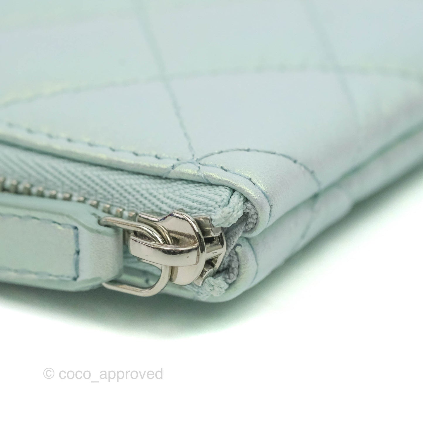Chanel Mini Quilted O Case Iridescent Icy Blue Calfskin Silver Hardware