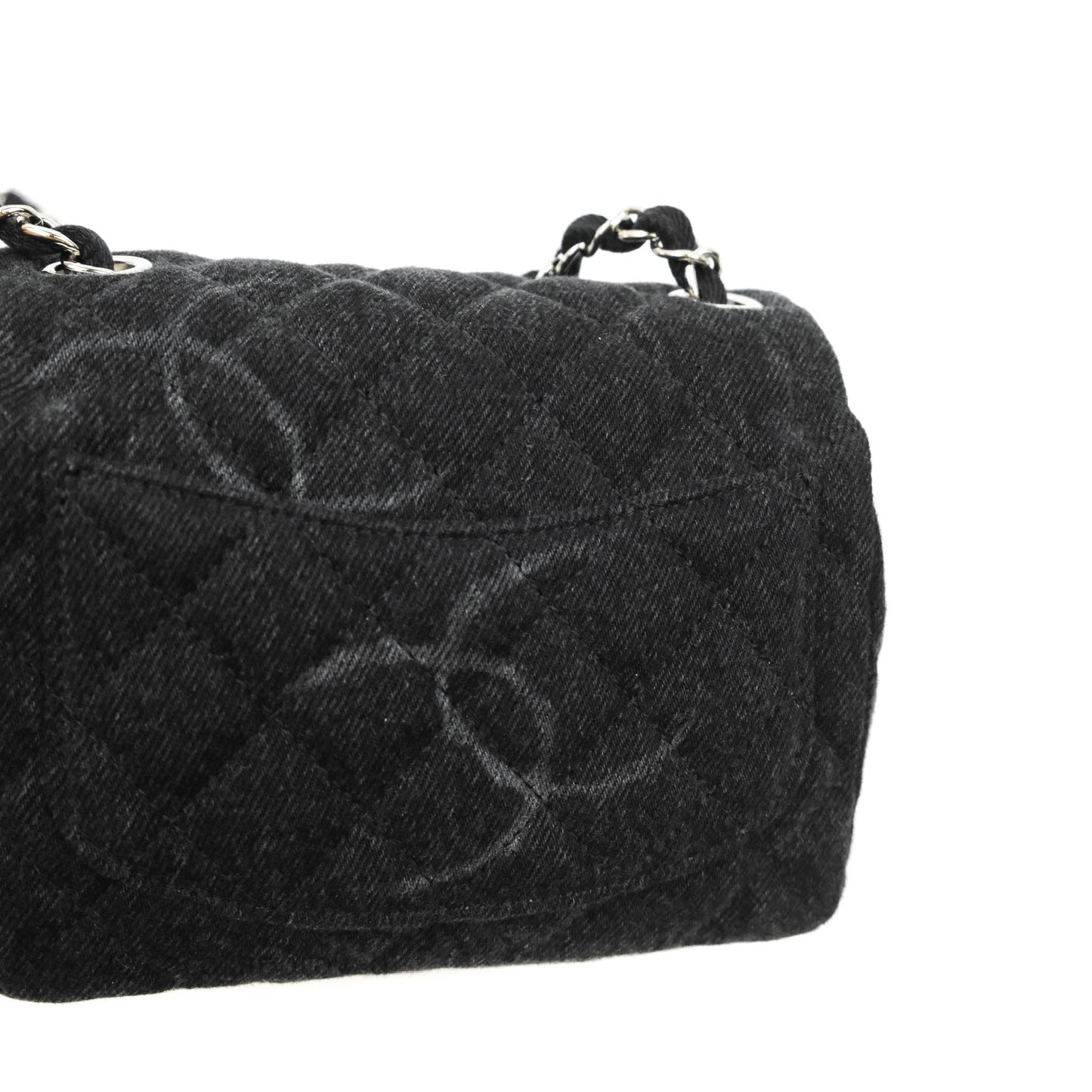 Chanel Quilted Mini Square Black Denim Silver Hardware