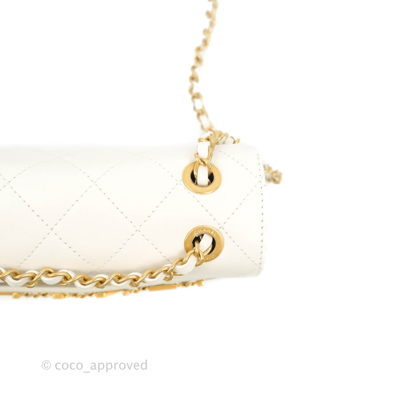 Chanel Small Logo Enchained Flap Bag White Calfskin Aged Gold Hardware 20S