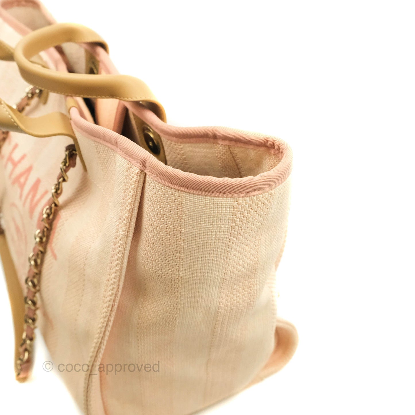 Chanel Large Deauville Pink Stripe Canvas Beige Handle Gold Hardware