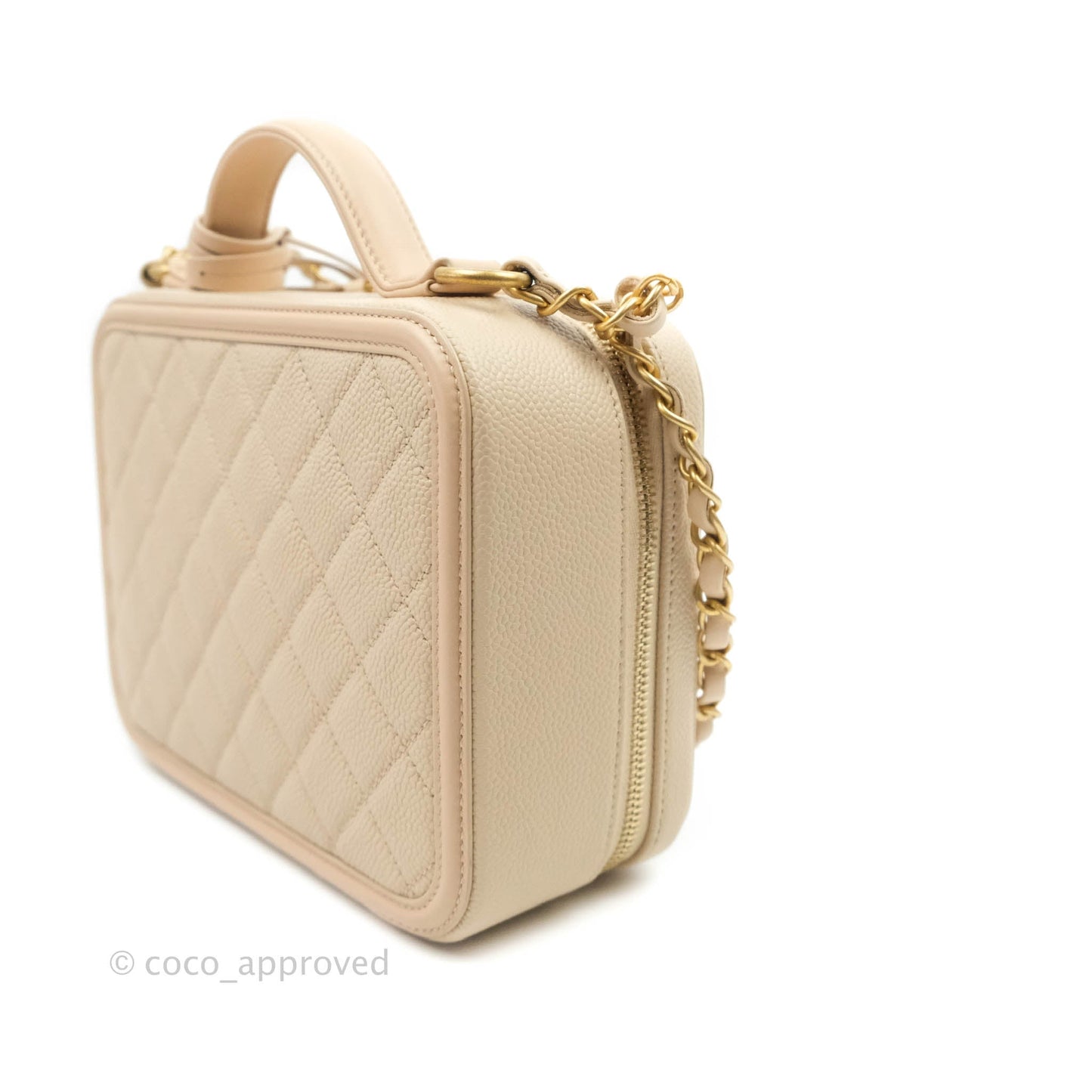 Chanel Quilted Medium CC Filigree Vanity Case Light Beige Caviar Aged Gold Hardware