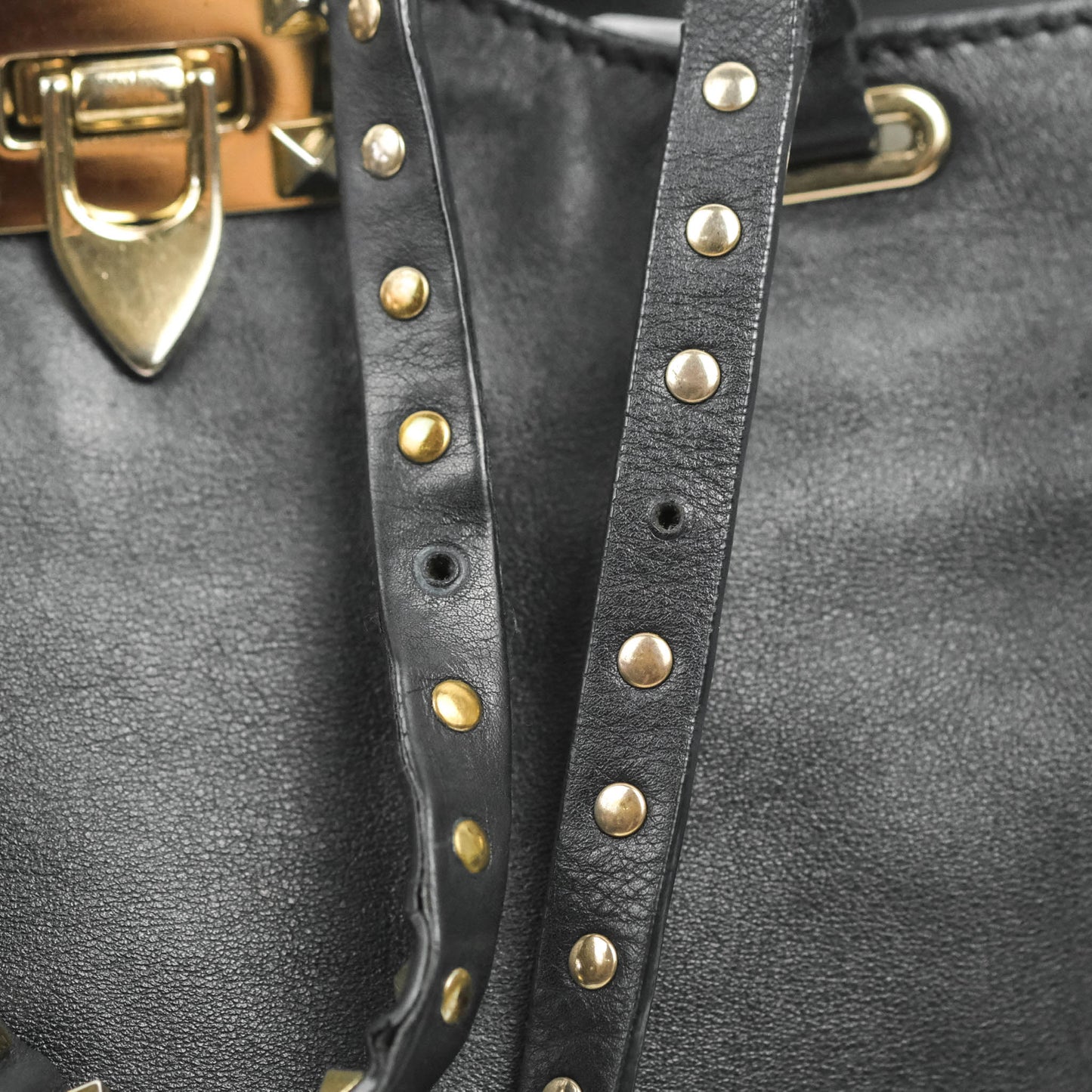 Valentino Garavani Small Trapeze Rockstud Black Grained Calfskin Gold Hardware