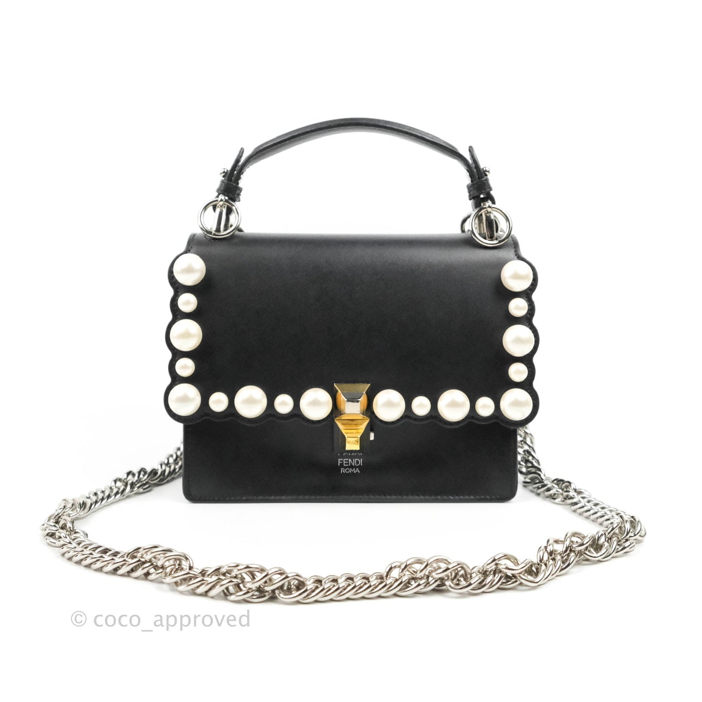 Fendi Scalloped Studded Pearl Small Kan I Shoulder Bag Black Calfskin
