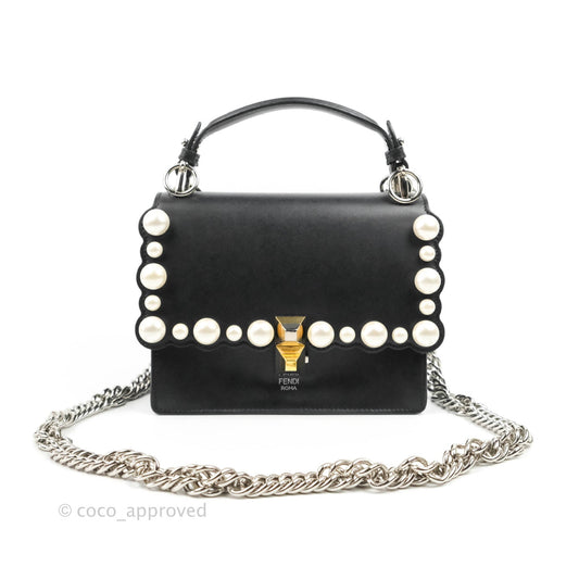 Fendi Scalloped Studded Pearl Small Kan I Shoulder Bag Black Calfskin