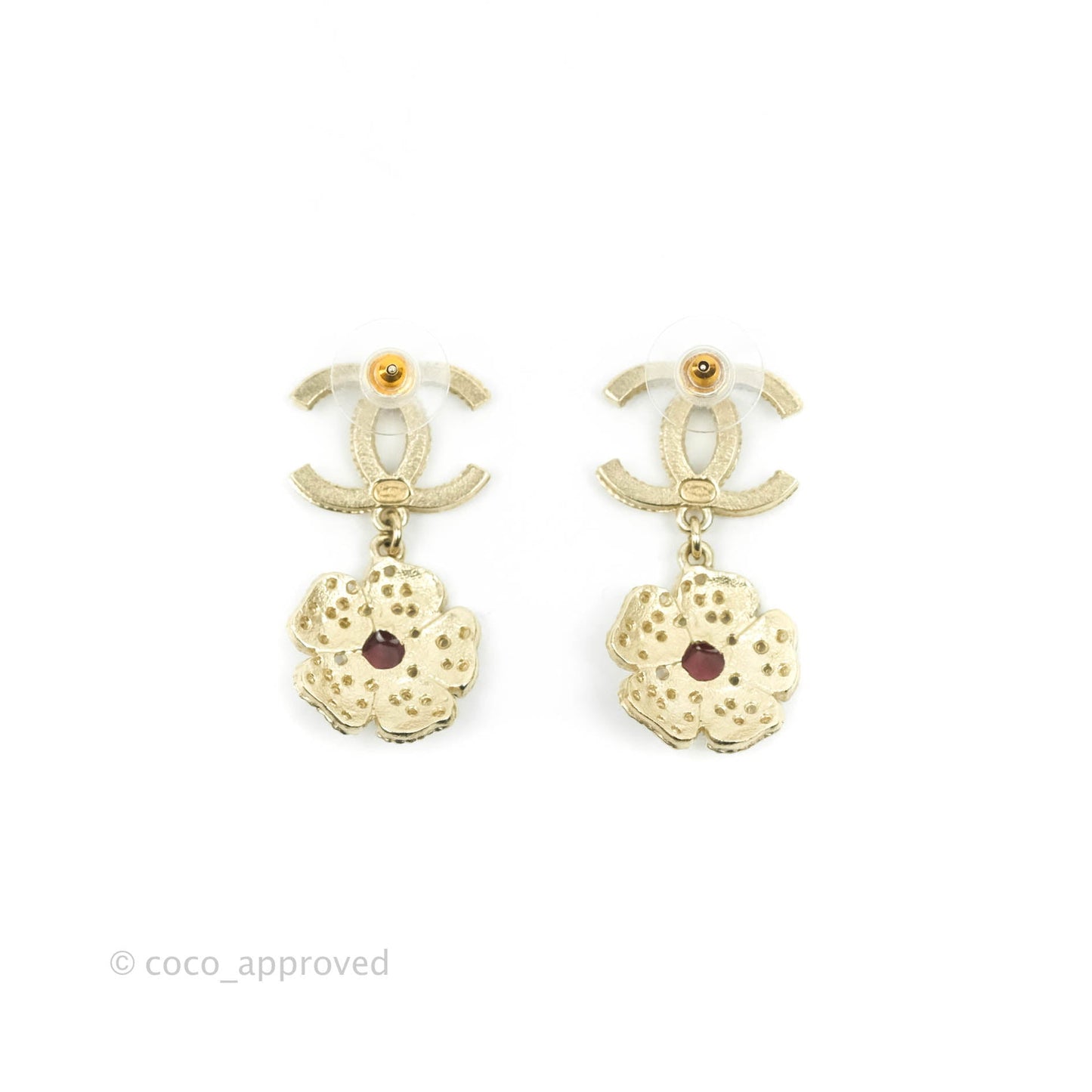 Chanel Crystal CC Drop Crystal Camellia Earrings Gold Tone 19K