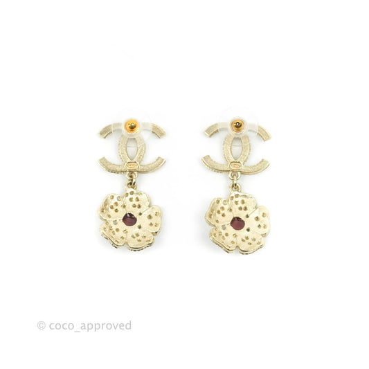 Chanel Crystal CC Drop Crystal Camellia Earrings Gold Tone 19K