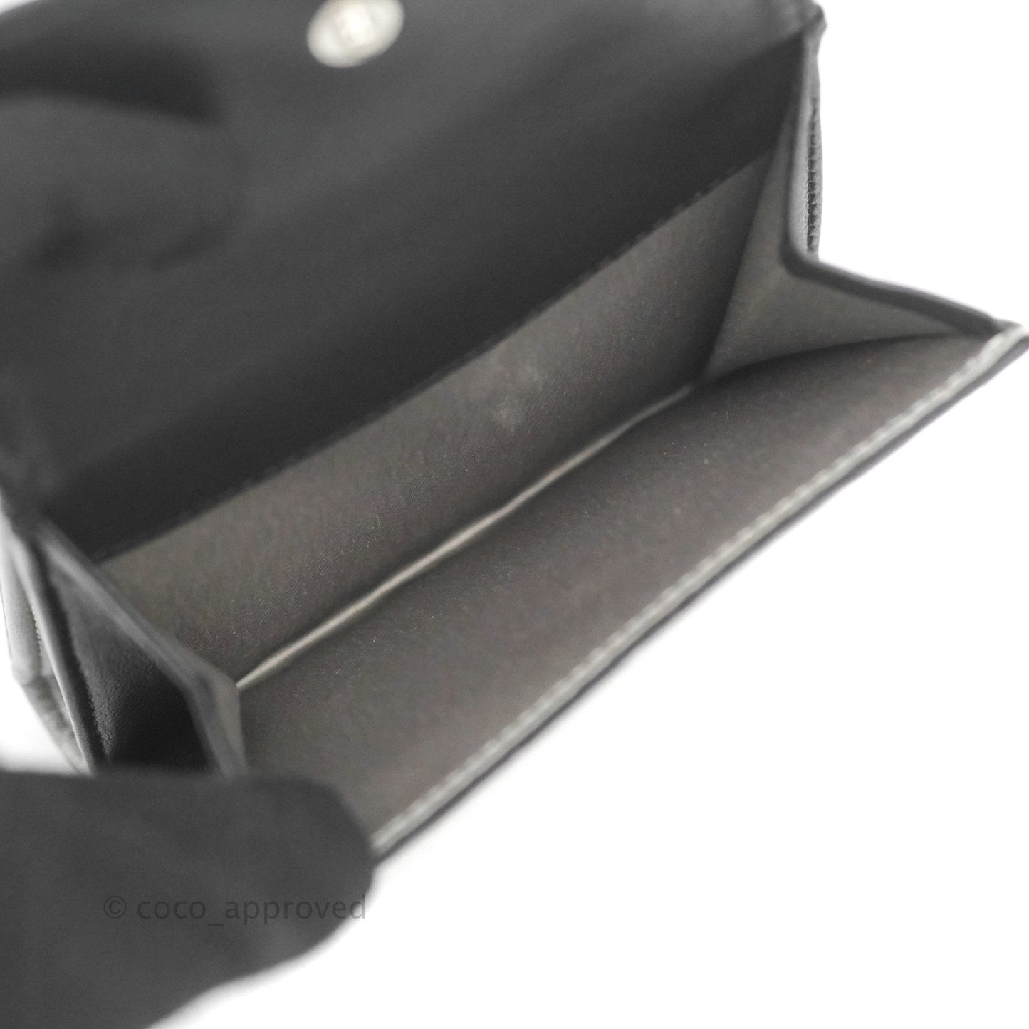 Chanel Camellia Embossed Tri-fold Short Wallet Black Lambskin Silver Hardware