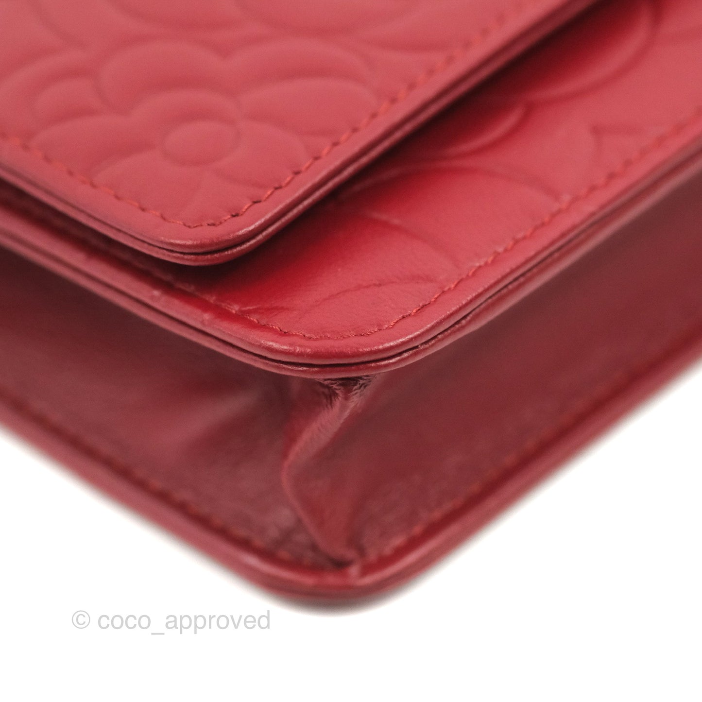 Chanel Camellia Embossed Wallet On Chain WOC Red Lambskin Silver Hardware