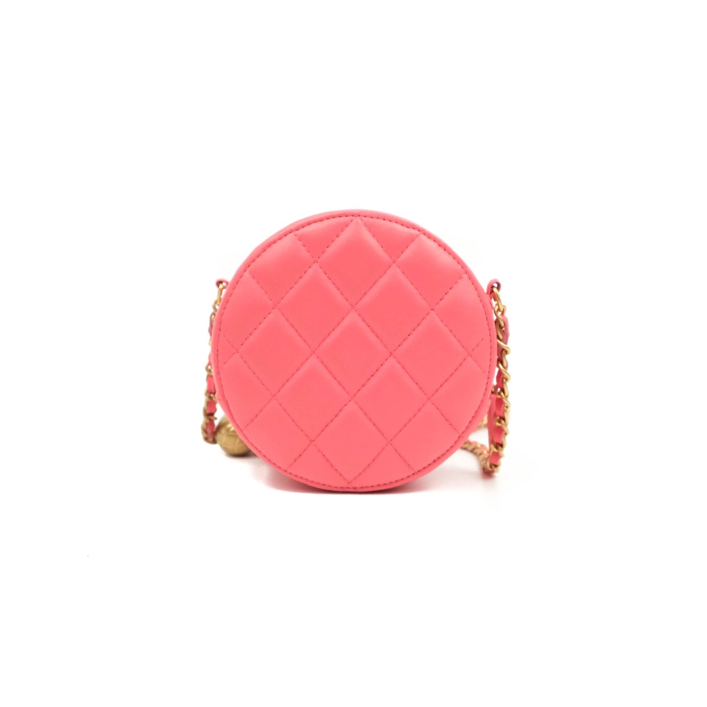 Chanel Quilted Round Pearl Crush Clutch With Chain Pink Lambskin Aged Gold Hardware