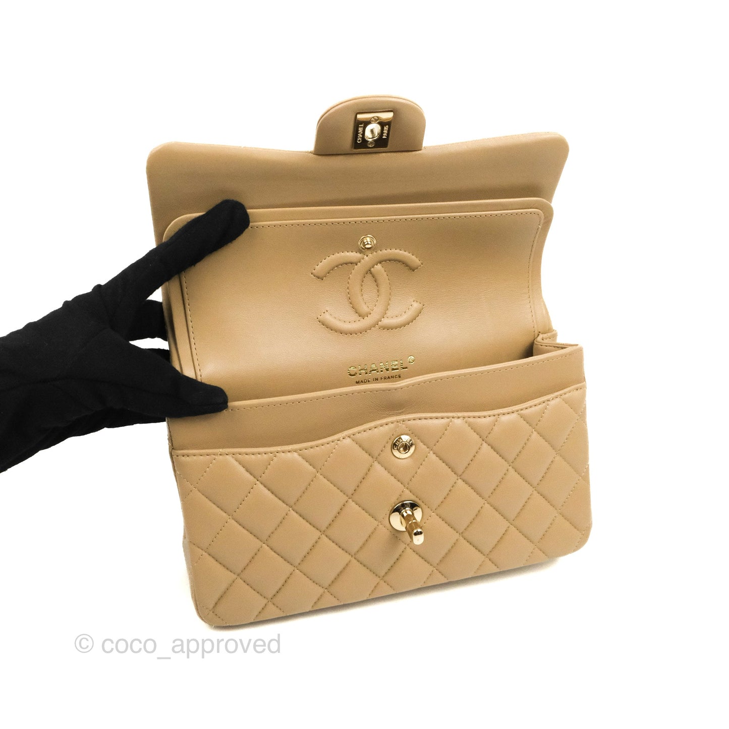 Chanel Small Classic Quilted Flap Dark Beige Lambskin Gold Hardware