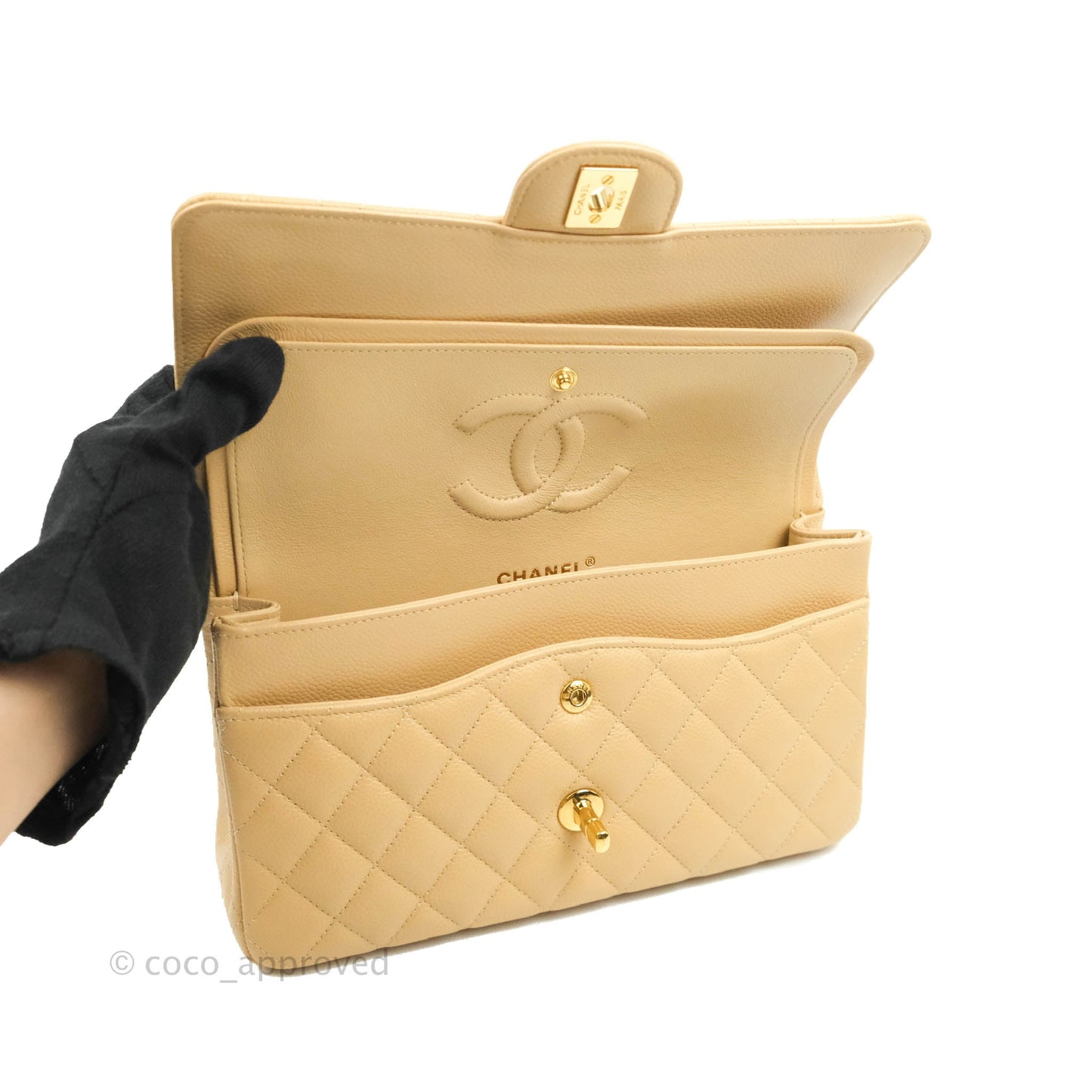 Chanel Quilted Classic M/L Medium Flap Beige Caviar Gold Hardware