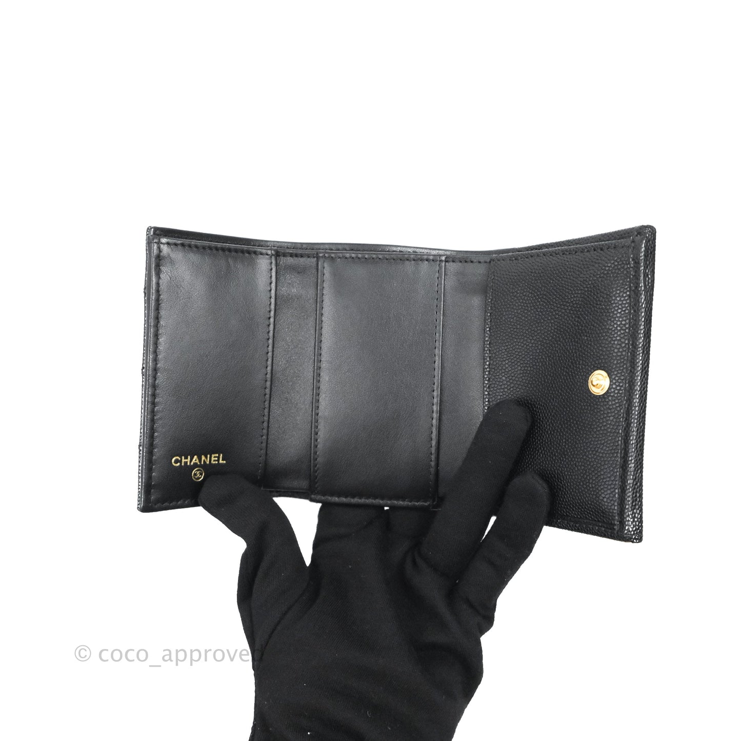 Chanel Small Flap Trifold Wallet Black Caviar Gold Hardware 23C