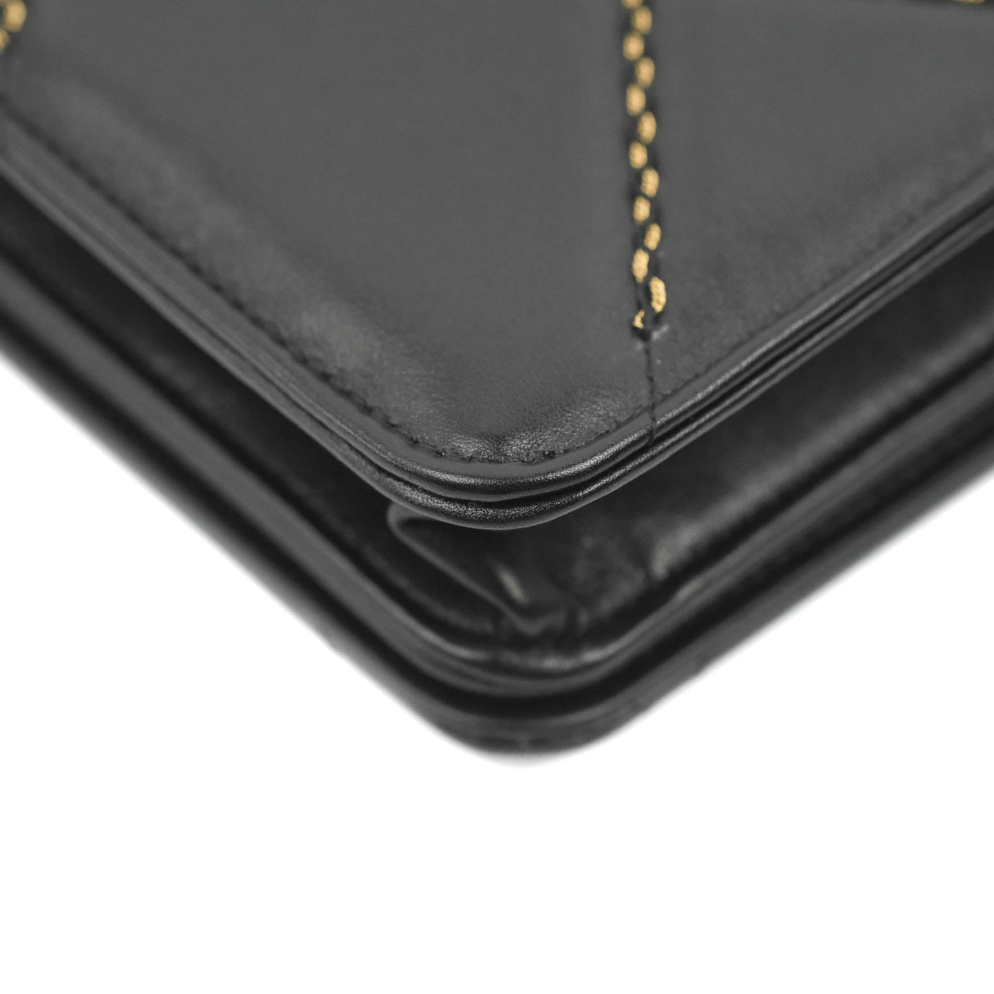 Chanel Quilted Wallet on Chain WOC Stitching Black Lambskin Gold Hardware