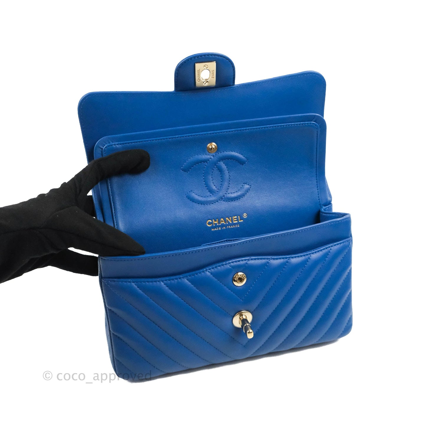 Chanel Classic Chevron S/M Small Double Flap Blue Lambskin Gold Hardware