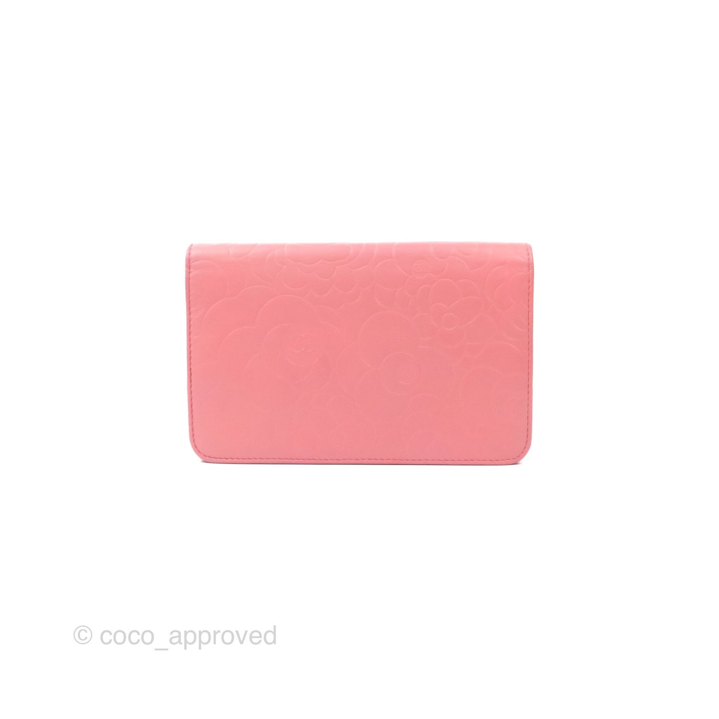 Chanel Camellia Embossed Wallet On Chain WOC Pink Lambskin Silver Hardware
