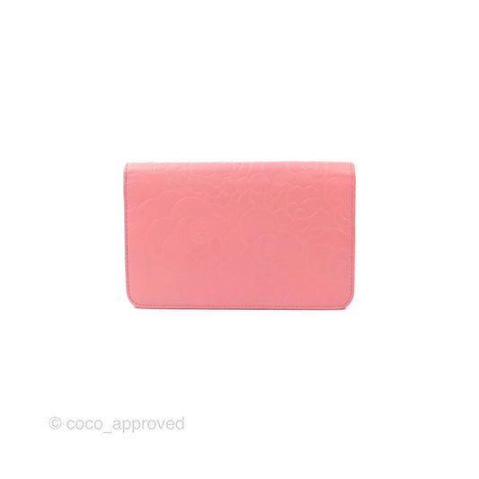 Chanel Camellia Embossed Wallet On Chain WOC Pink Lambskin Silver Hardware