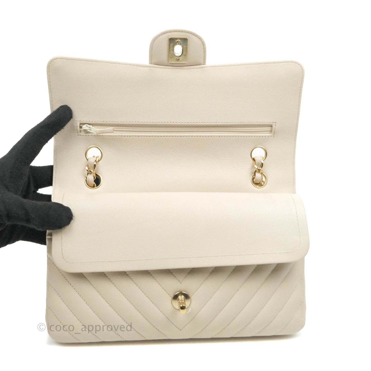 Chanel Classic M/L Medium Double Flap Chevron Ivory Caviar Gold Hardware
