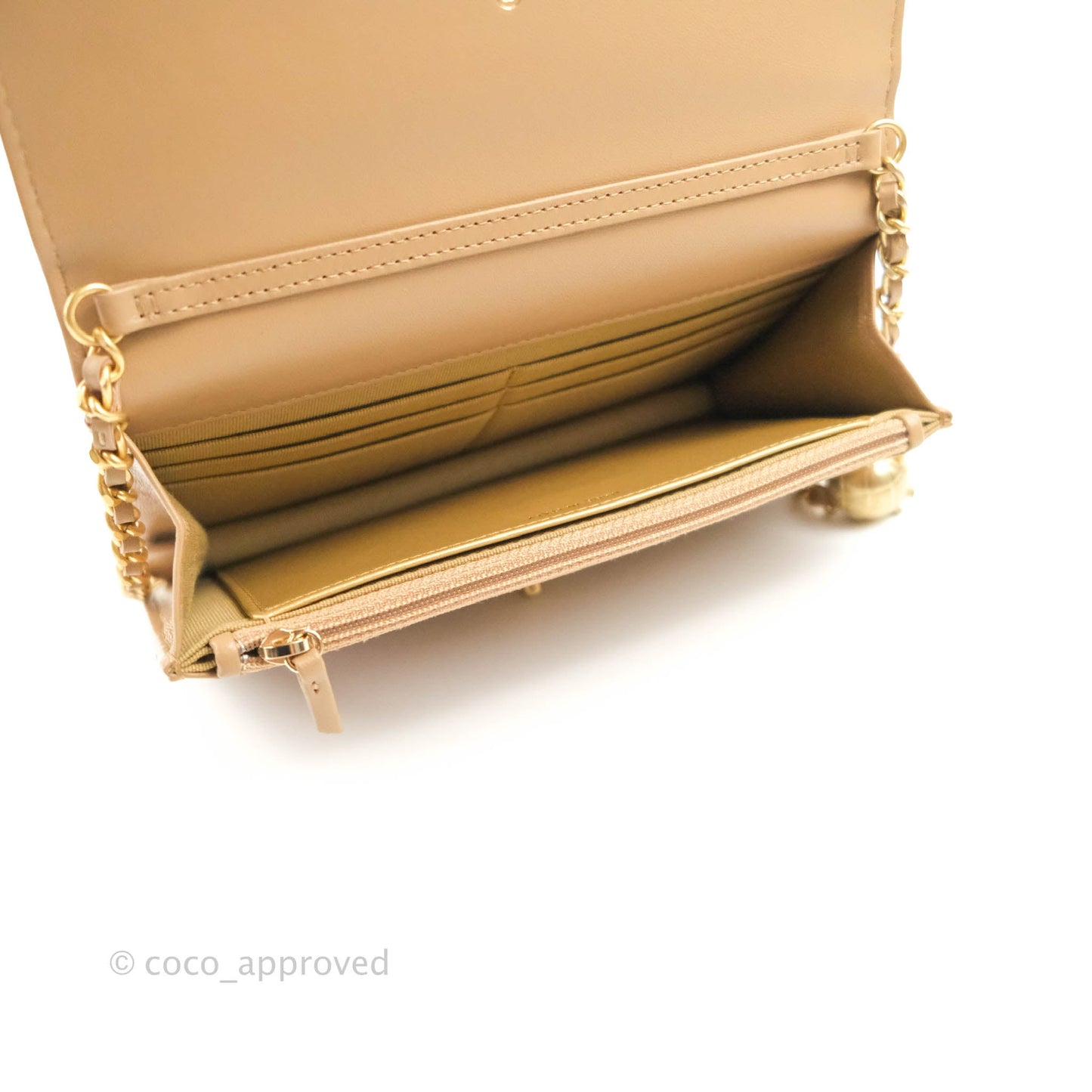 Chanel Quilted Pearl Crush Wallet on Chain WOC Beige Lambskin Aged Gold Hardware 22B
