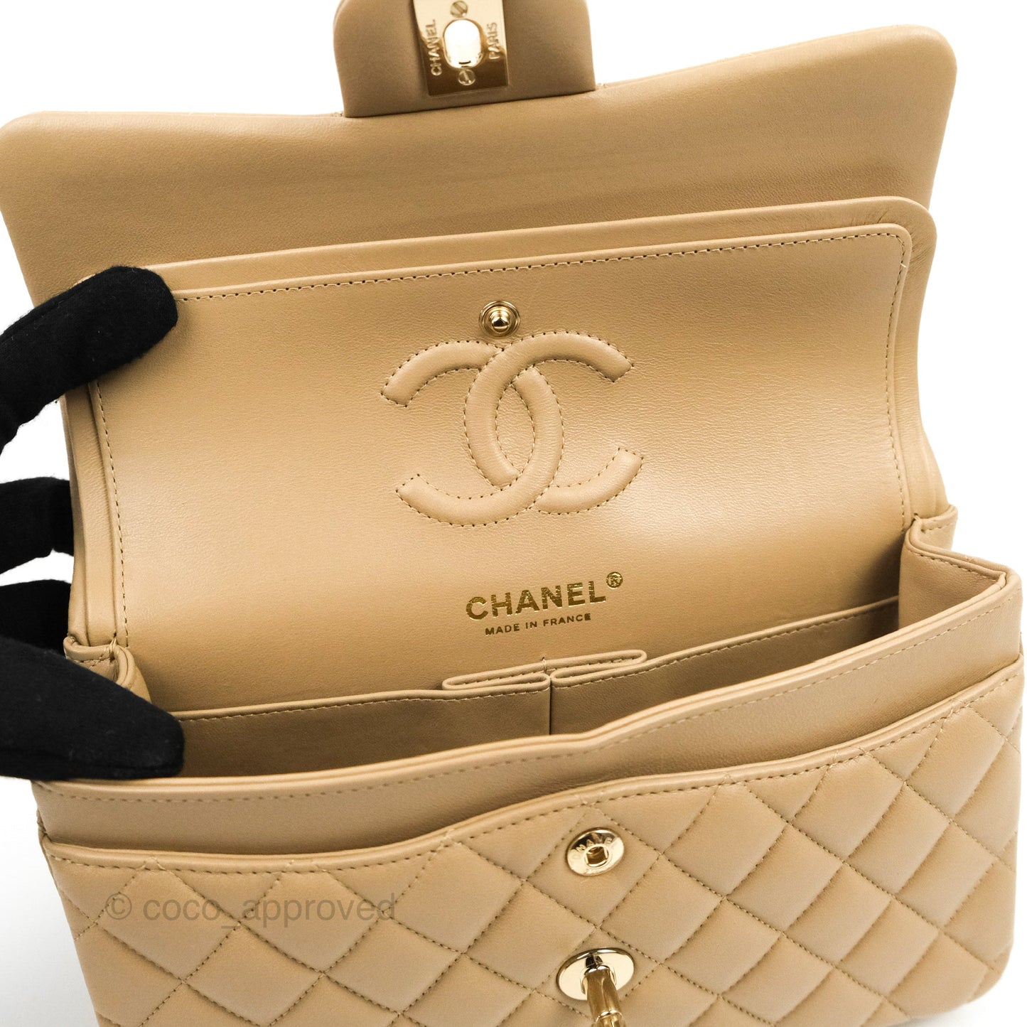 Chanel Small Classic Quilted Flap Dark Beige Lambskin Gold Hardware