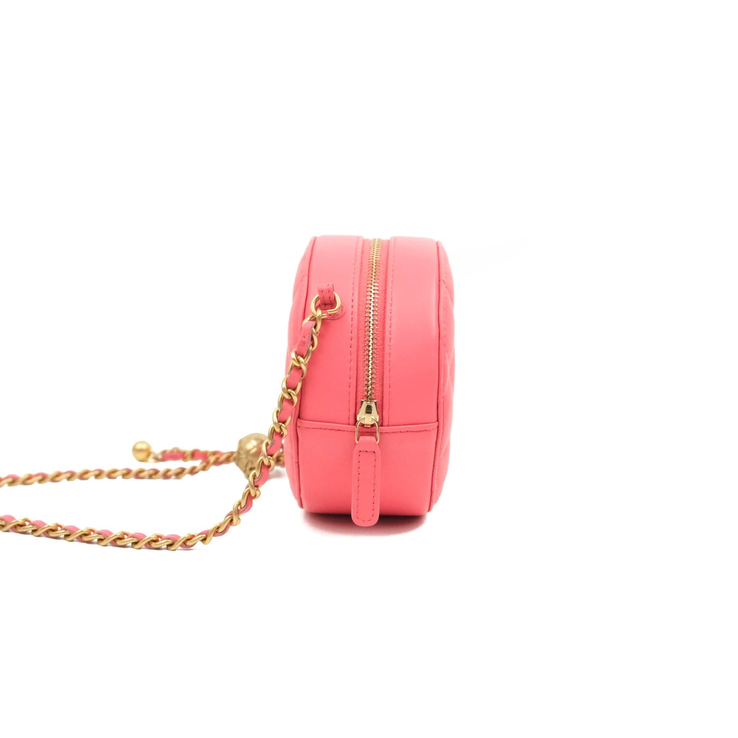 Chanel Quilted Round Pearl Crush Clutch With Chain Pink Lambskin Aged Gold Hardware