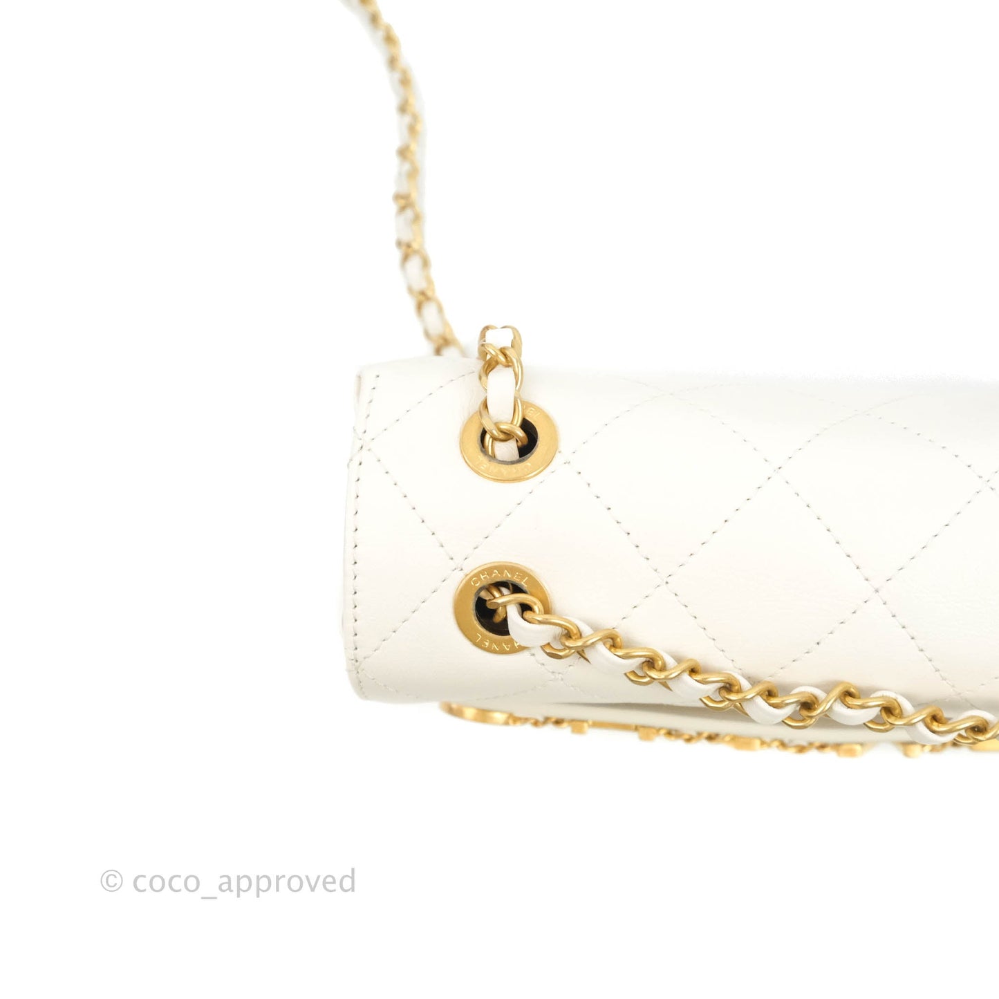 Chanel Small Logo Enchained Flap Bag White Calfskin Aged Gold Hardware 20S