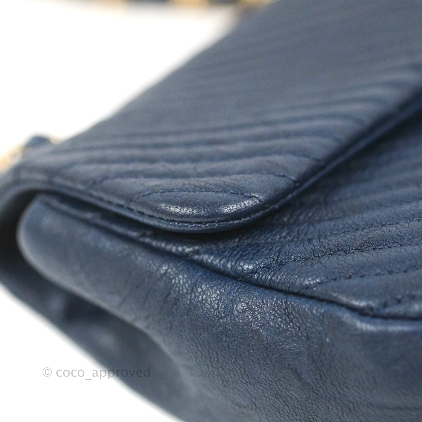 Chanel Small Chevron Surpique Flap Navy Calfskin Aged Gold Hardware
