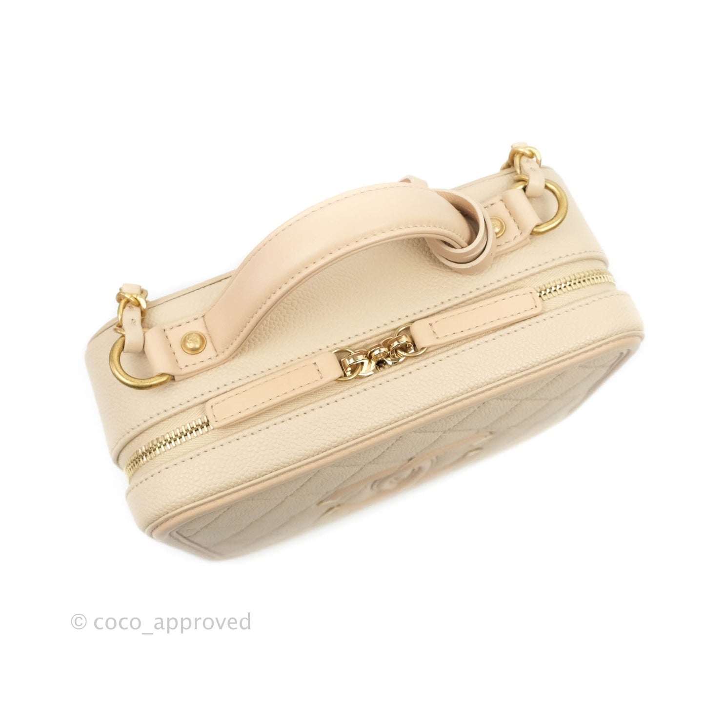 Chanel Quilted Medium CC Filigree Vanity Case Light Beige Caviar Aged Gold Hardware