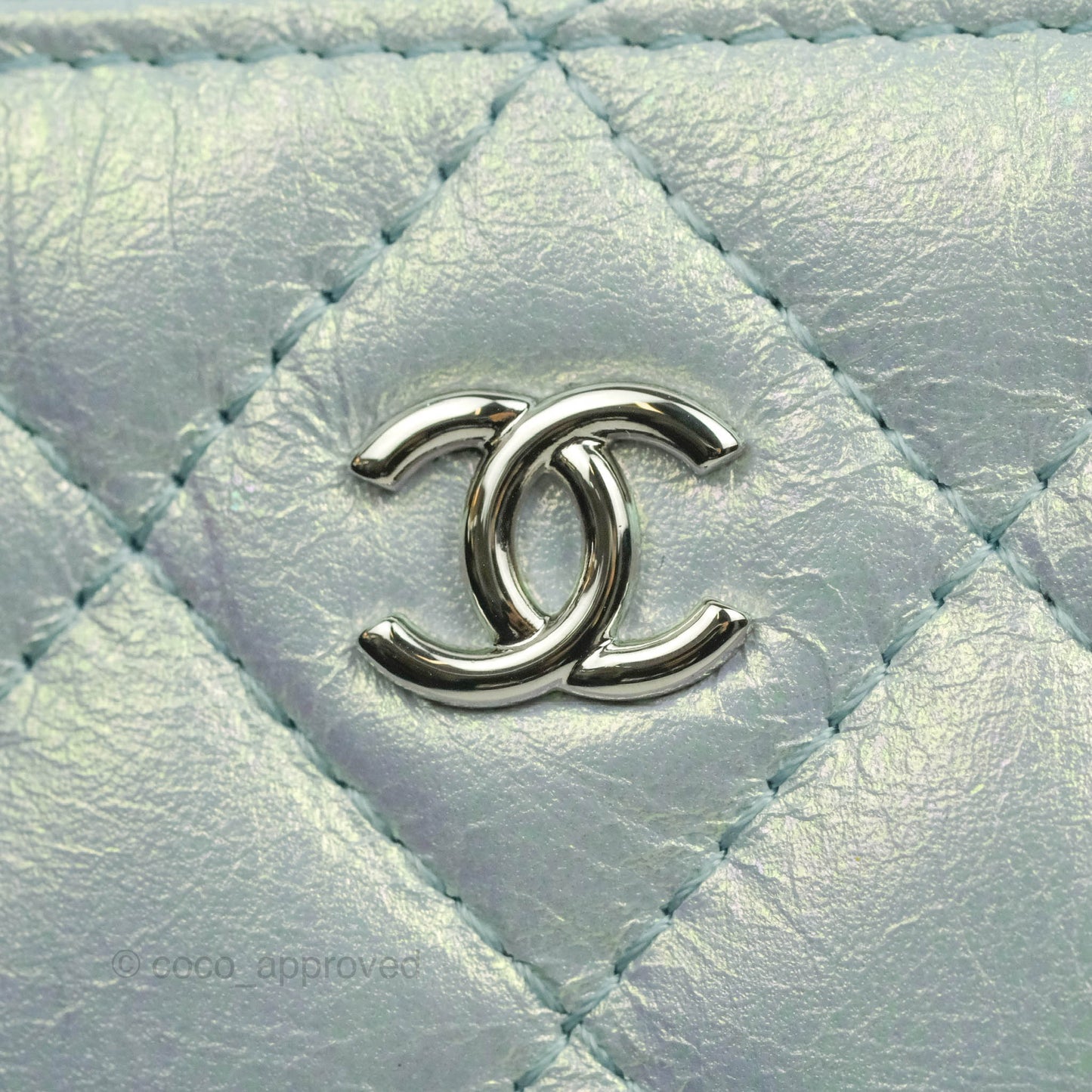 Chanel Mini Quilted O Case Iridescent Icy Blue Calfskin Silver Hardware