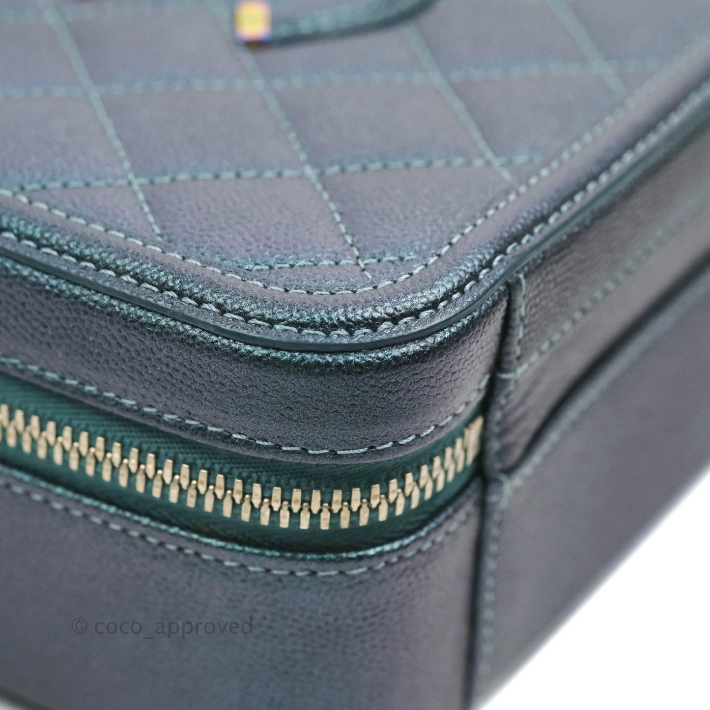 Chanel Quilted Medium CC Filigree Vanity Case Iridescent Dark Turquoise Caviar Rainbow Hardware