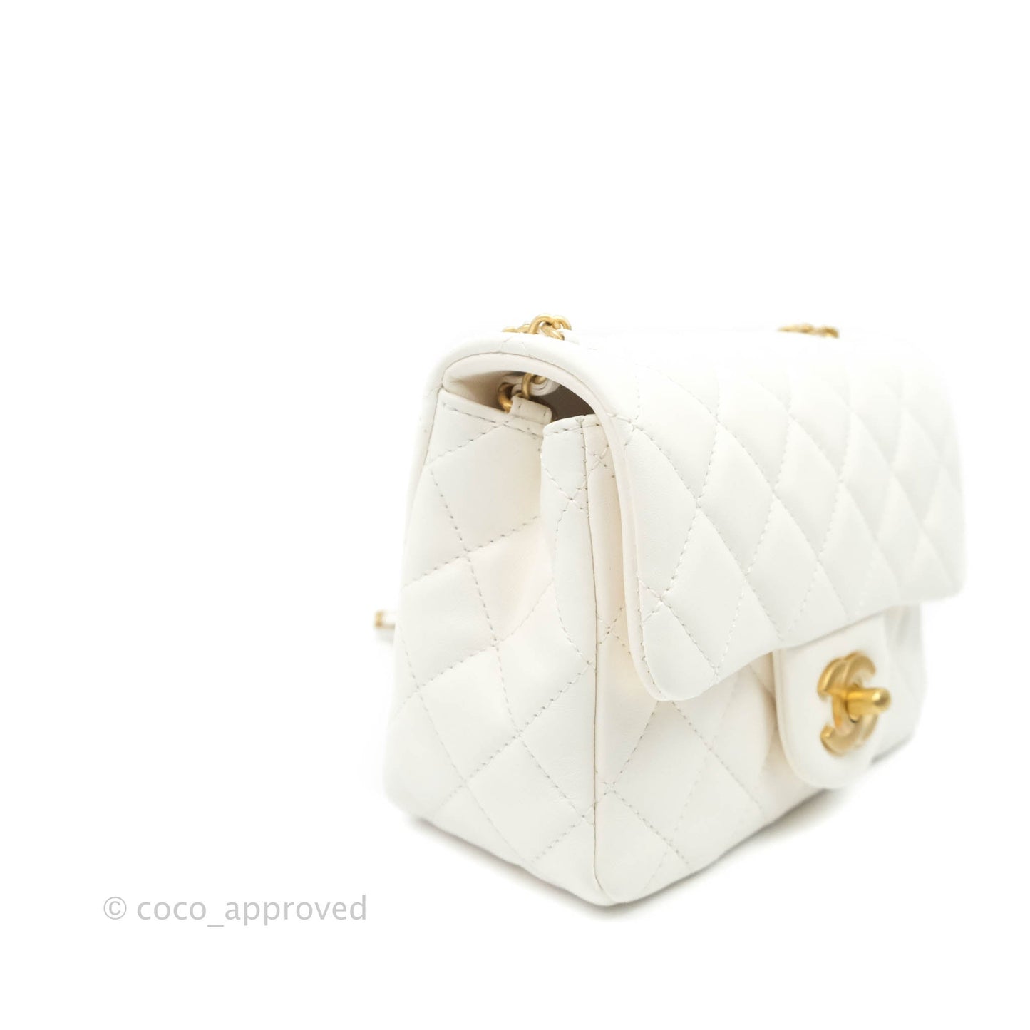 Chanel Mini Square Pearl Crush Quilted White Lambskin Gold Hardware