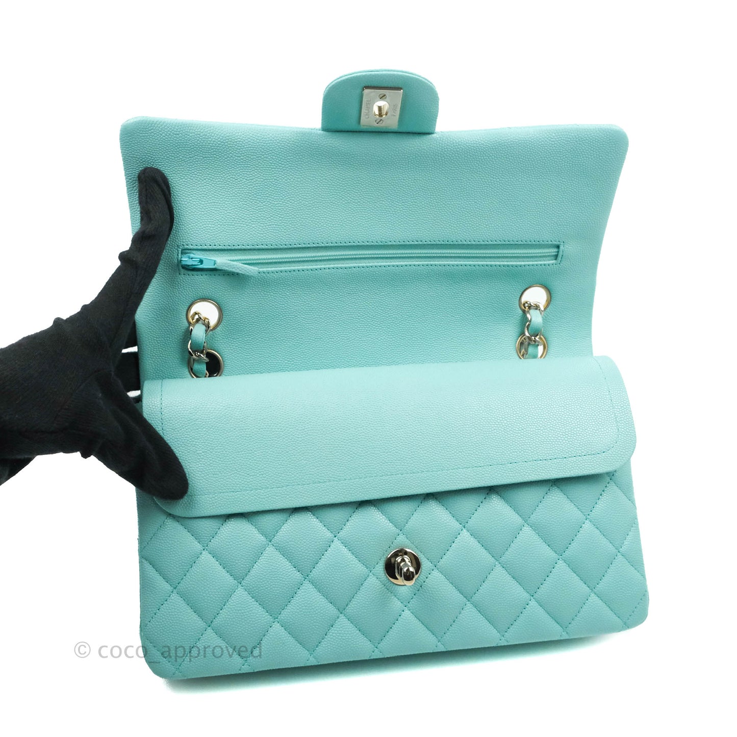 Chanel Classic M/L Medium Flap Quilted Tiffany Blue Caviar Gold Hardware