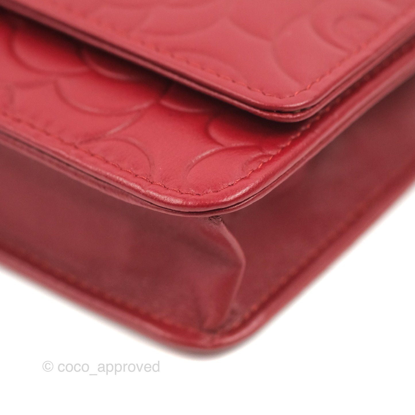 Chanel Camellia Embossed Wallet On Chain WOC Red Lambskin Silver Hardware
