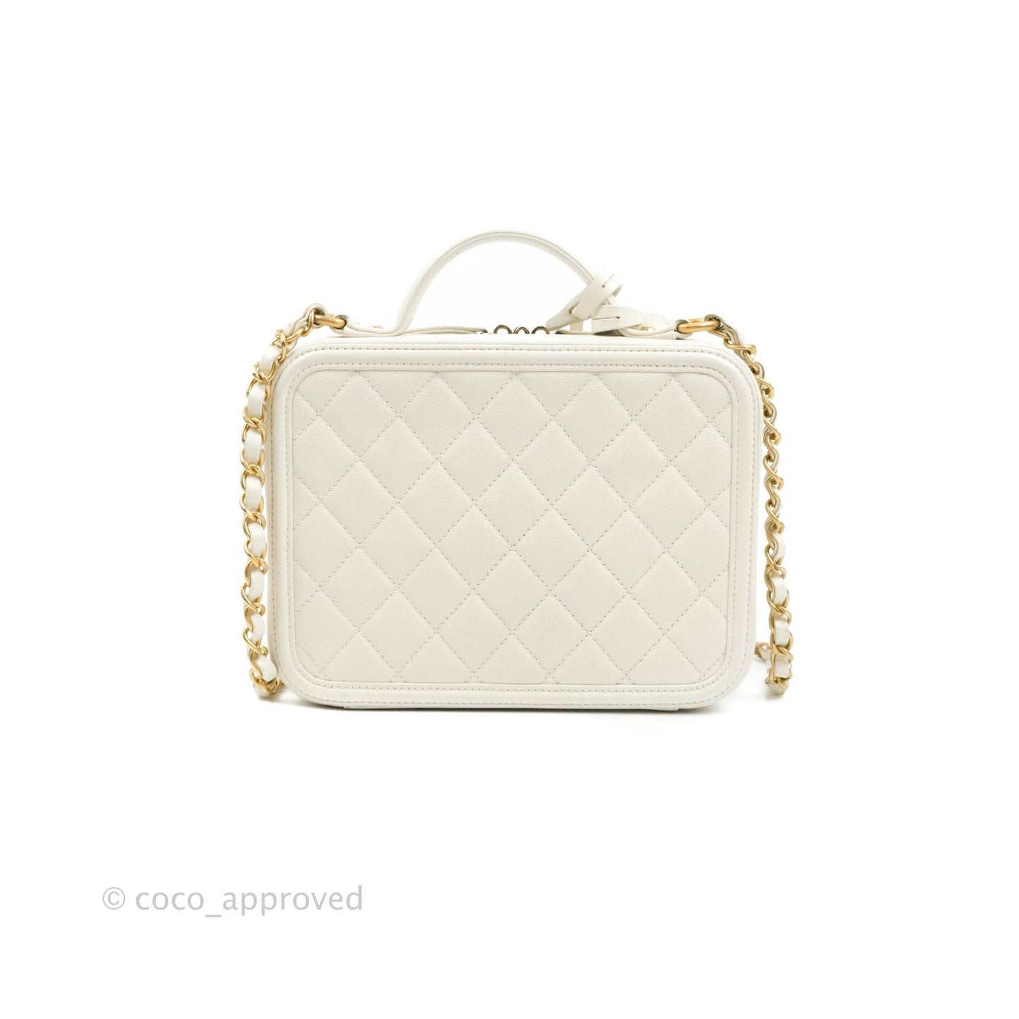 Chanel Quilted Medium CC Filigree Vanity Case White Caviar Aged Gold Hardware