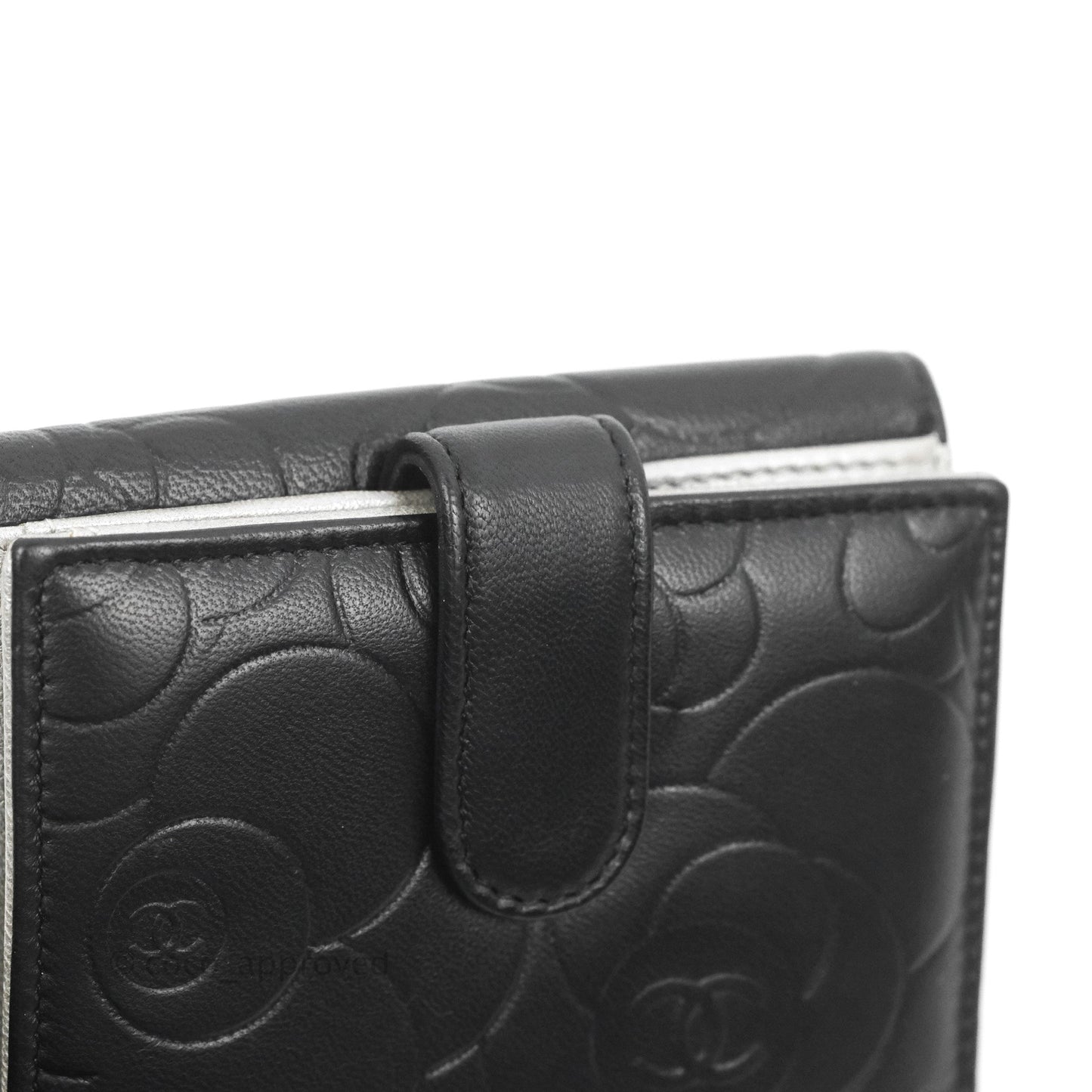 Chanel Camellia Embossed Tri-fold Short Wallet Black Lambskin Silver Hardware