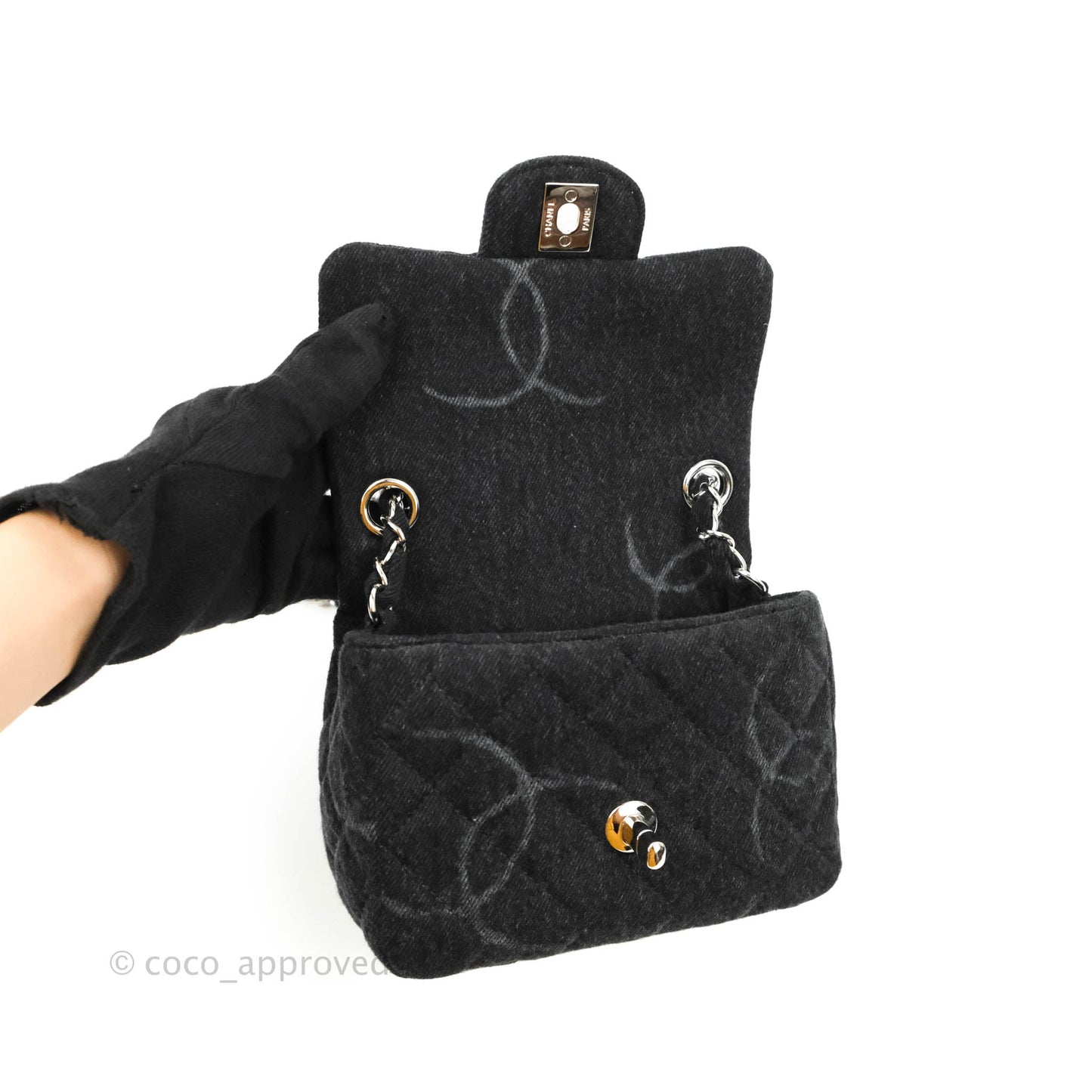 Chanel Quilted Mini Square Black Denim Silver Hardware