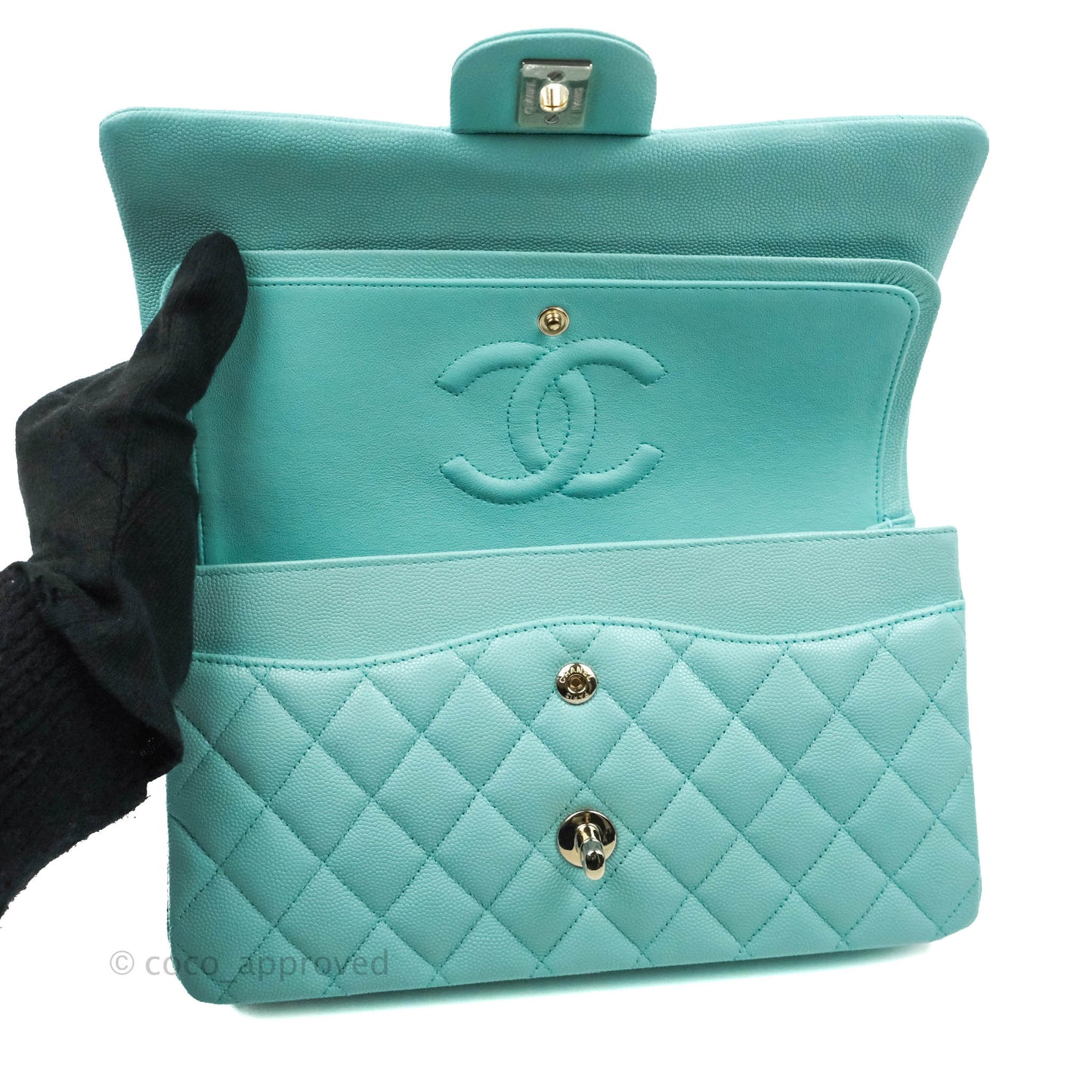 Chanel Classic M/L Medium Flap Quilted Tiffany Blue Caviar Gold Hardware